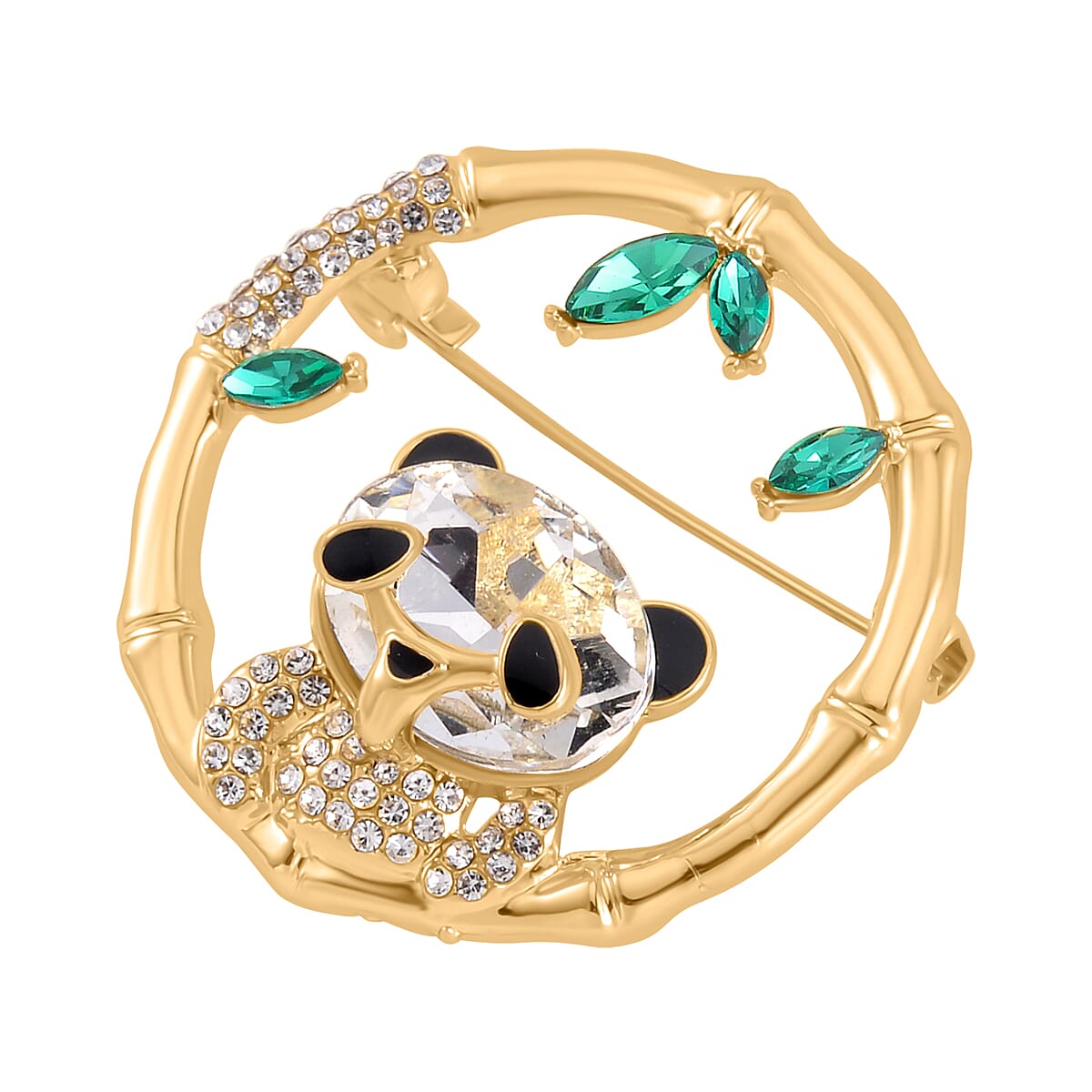 Green & White Austrian Crystal Panda Brooch in Yellow Gold Tone