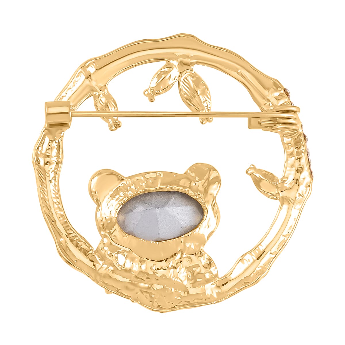 Green & White Austrian Crystal Panda Brooch in Yellow Gold Tone