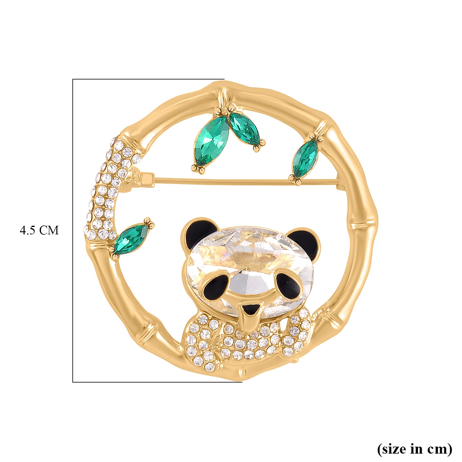 Green & White Austrian Crystal Panda Brooch in Yellow Gold Tone