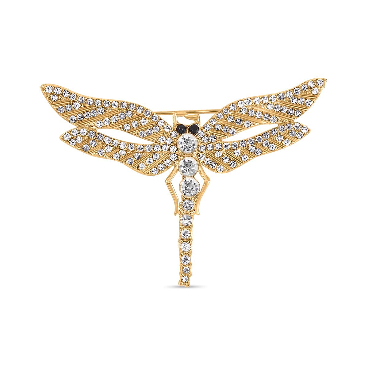Austrian Black Crystal & White Crystal Dragonfly Brooch in Yellow Gold Tone