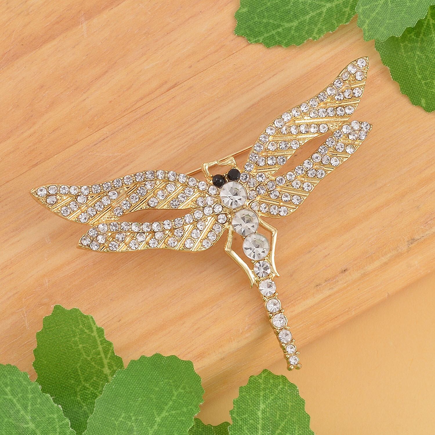 Austrian Black Crystal & White Crystal Dragonfly Brooch in Yellow Gold Tone