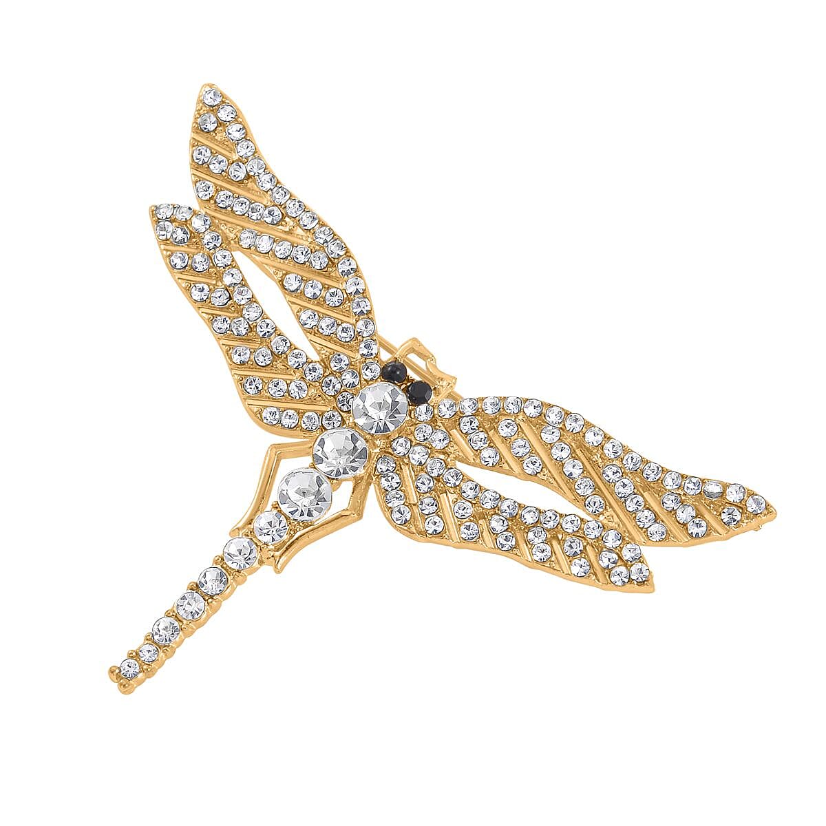 Austrian Black Crystal & White Crystal Dragonfly Brooch in Yellow Gold Tone