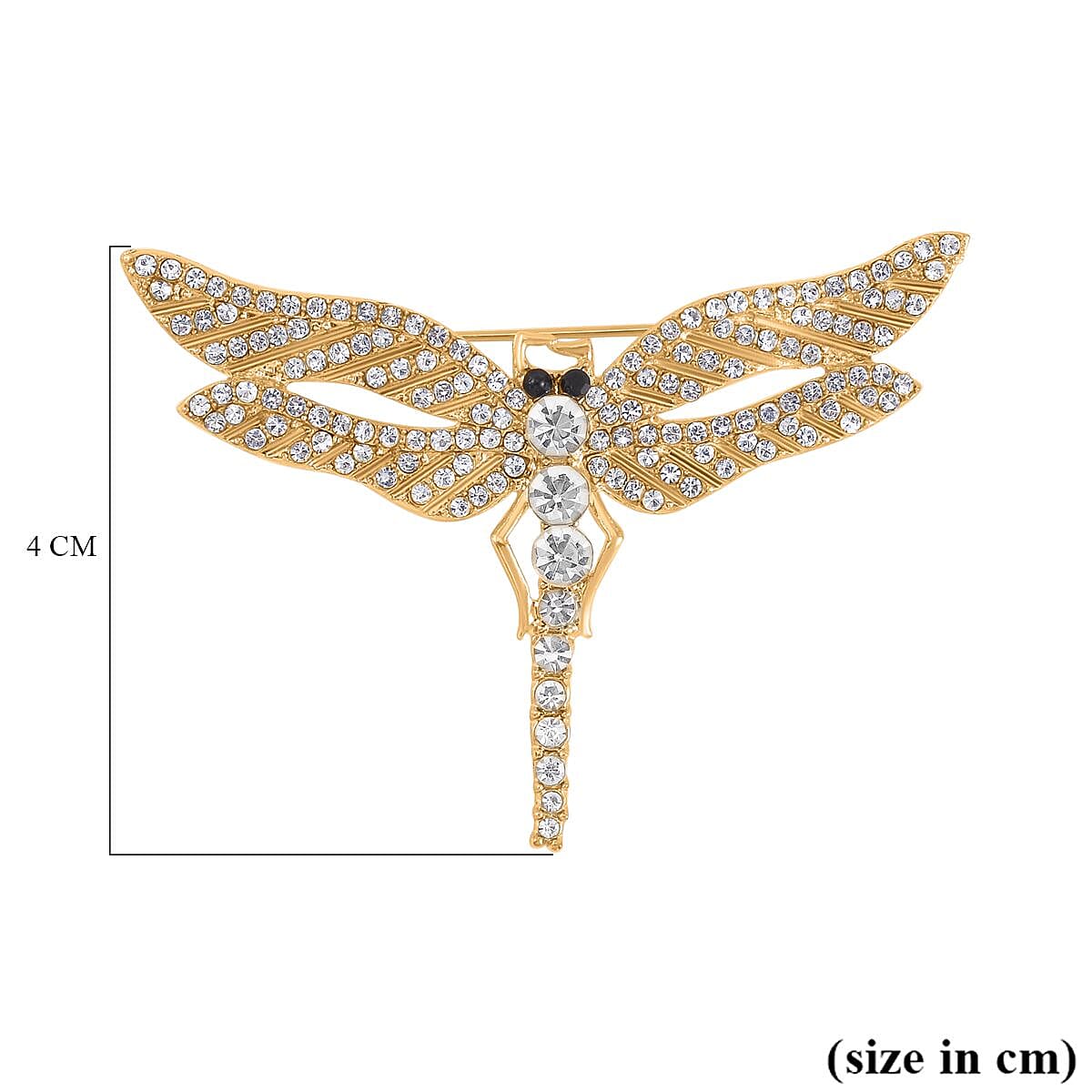 Austrian Black Crystal & White Crystal Dragonfly Brooch in Yellow Gold Tone