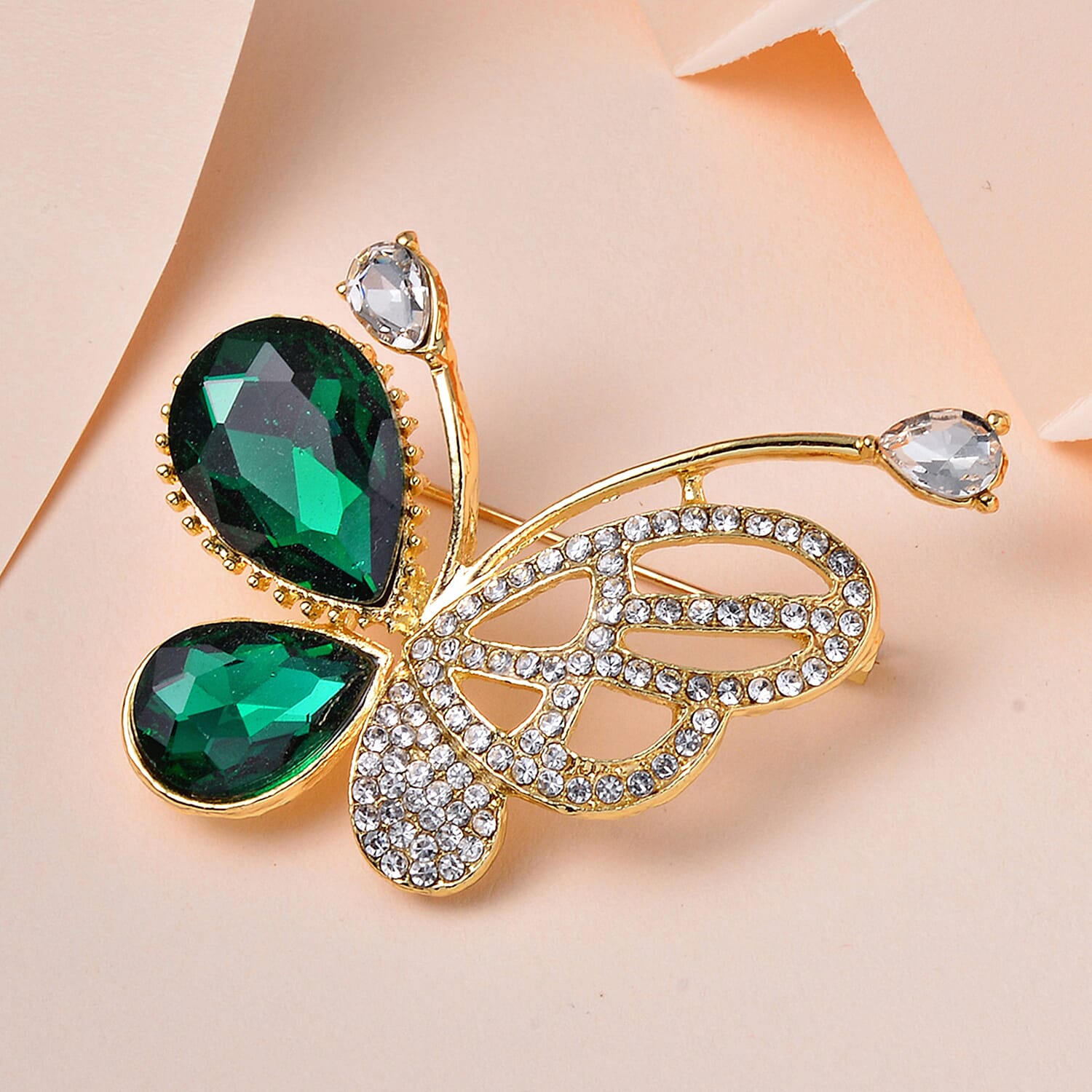 Neon Green Austrian Crystal & White Austrian Crystal Butterfly Brooch