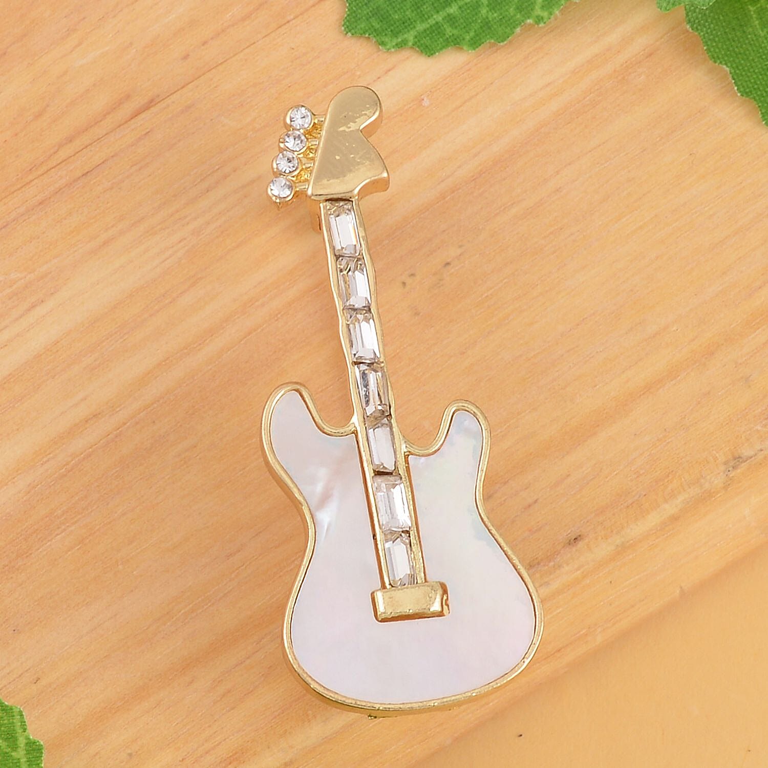 Mother of Pearl & White Austrian Crystal Guitar Brooch in Yellow Gold Tone