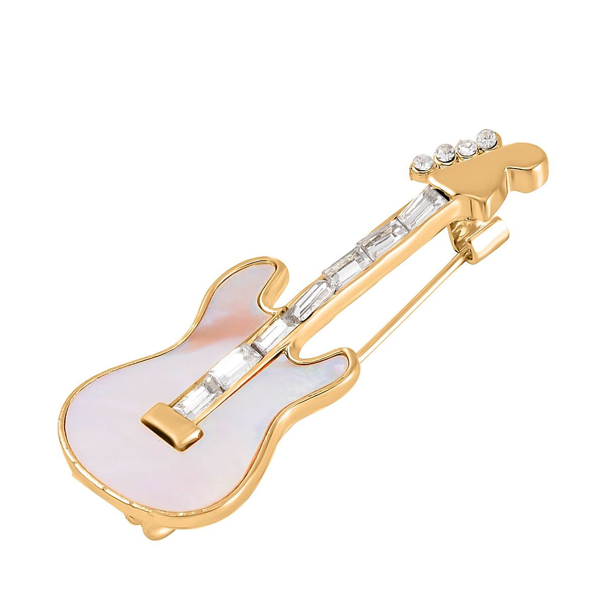 Mother of Pearl & White Austrian Crystal Guitar Brooch in Yellow Gold Tone