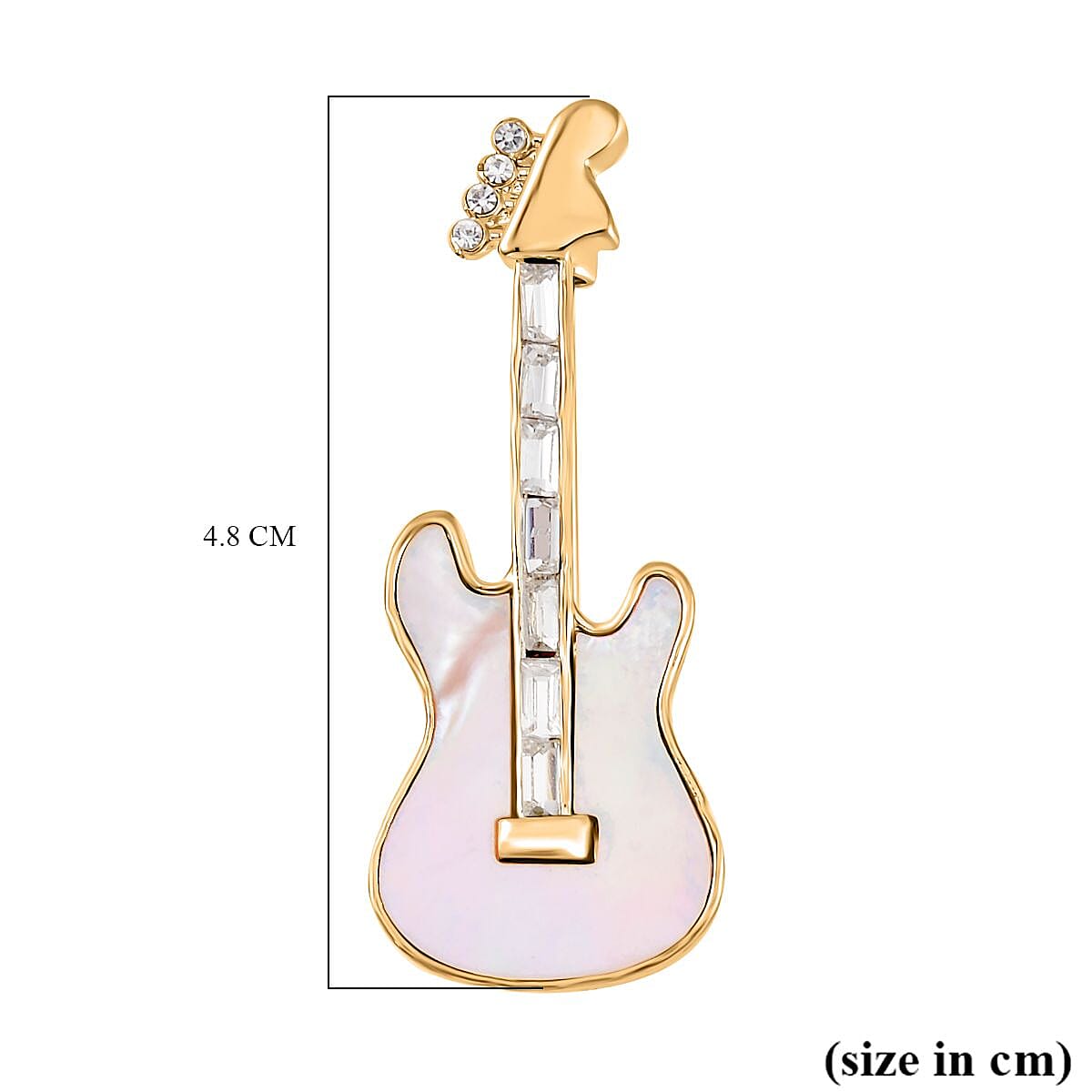 Mother of Pearl & White Austrian Crystal Guitar Brooch in Yellow Gold Tone