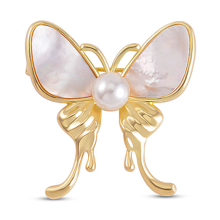 White Shell Pearl Butterfly Brooch in Yellow Gold Tone