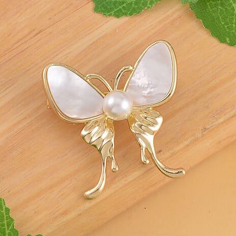 White Shell Pearl Butterfly Brooch in Yellow Gold Tone