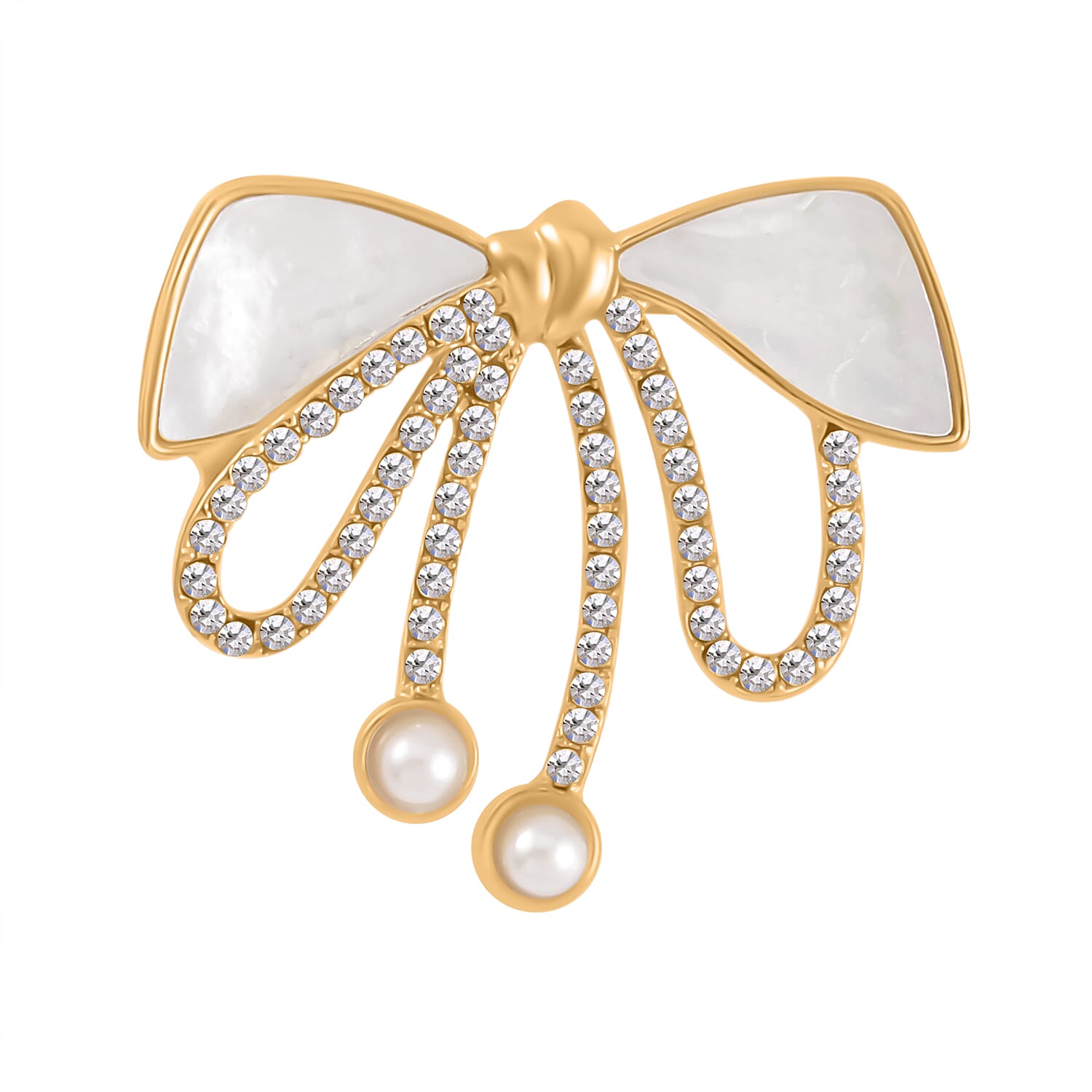 White Shell Pearl & White Austrian Crystal Brooch in Yellow Gold Tone