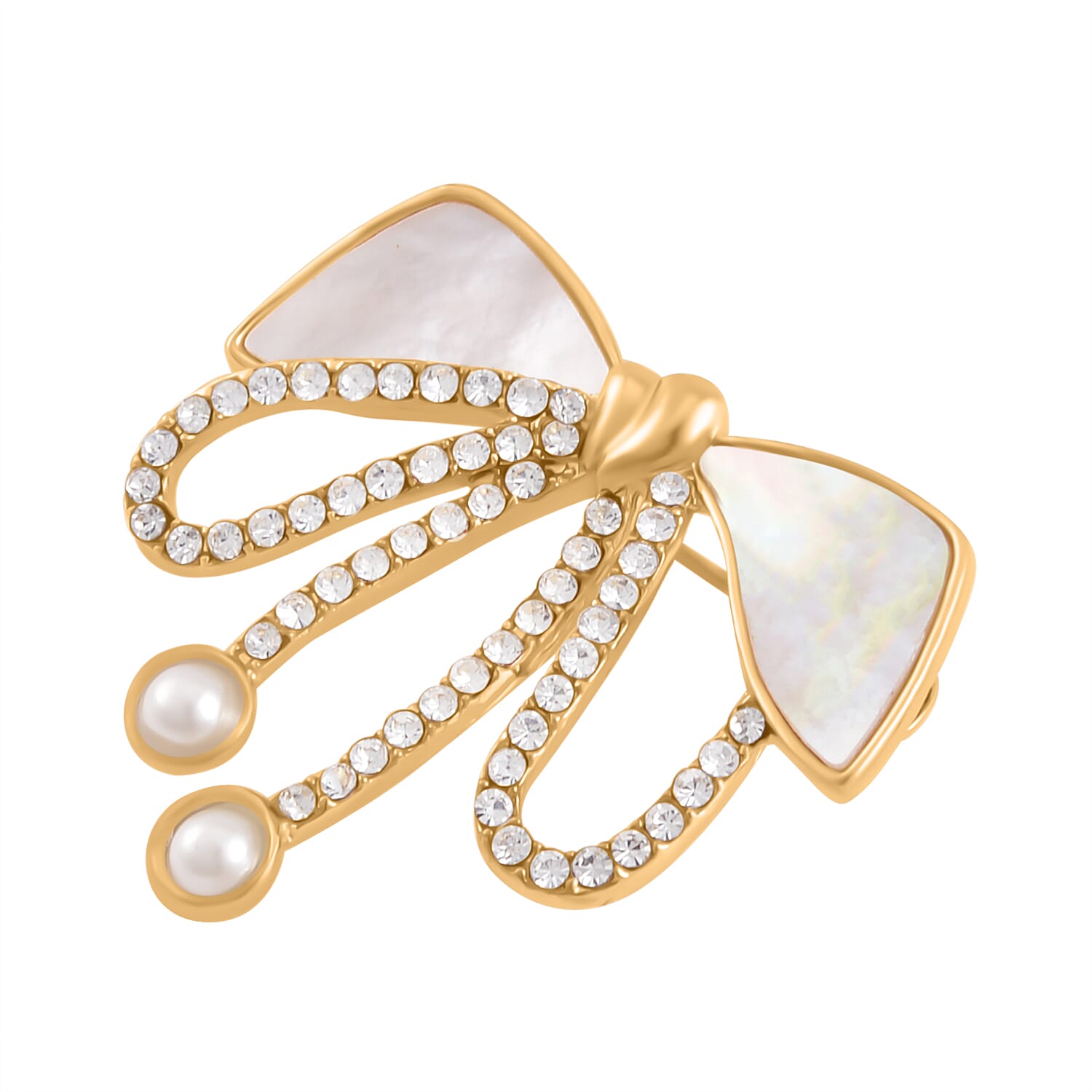 White Shell Pearl & White Austrian Crystal Brooch in Yellow Gold Tone