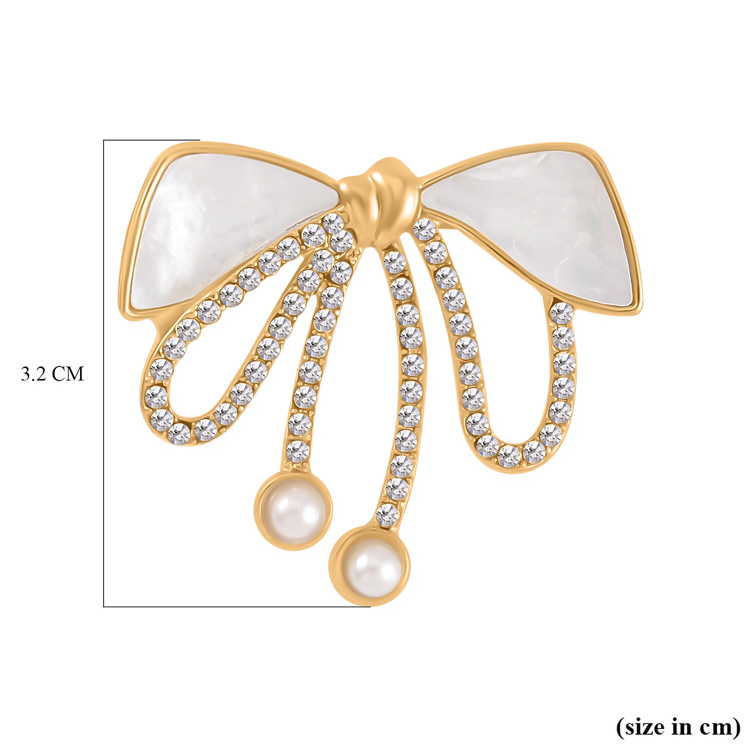 White Shell Pearl & White Austrian Crystal Brooch in Yellow Gold Tone