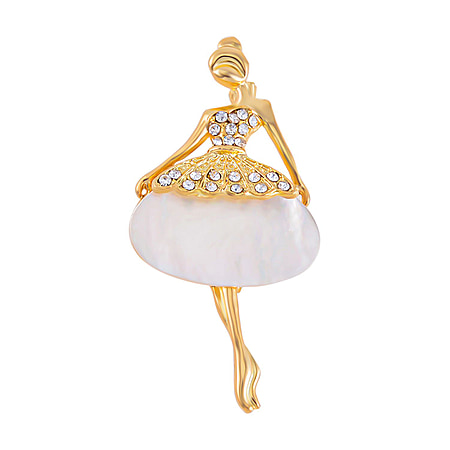White Shell Pearl & White Austrian Crystal Ballerina Brooch in Yellow Gold Tone