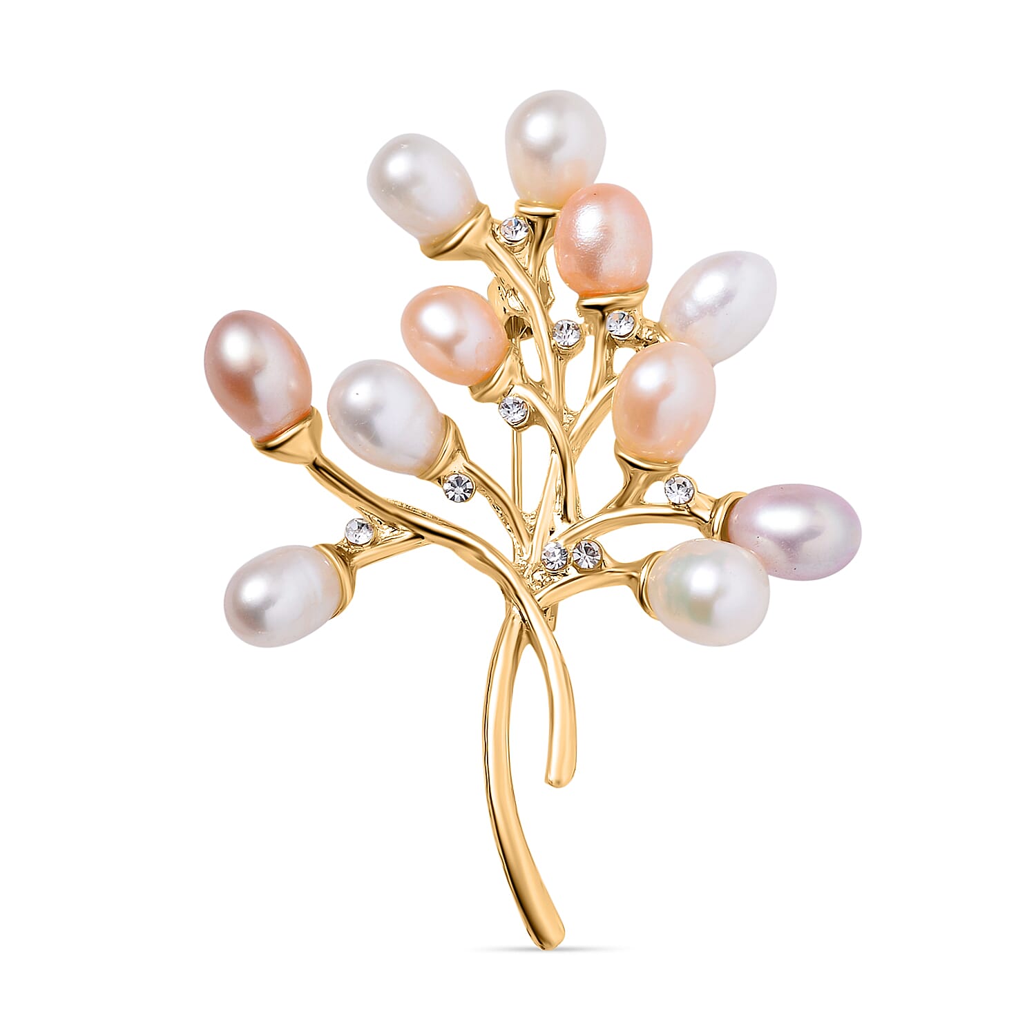 White Austrian Crystal & Multi Colour Fresh Water Pearl Brooch in Yellow Gold Tone