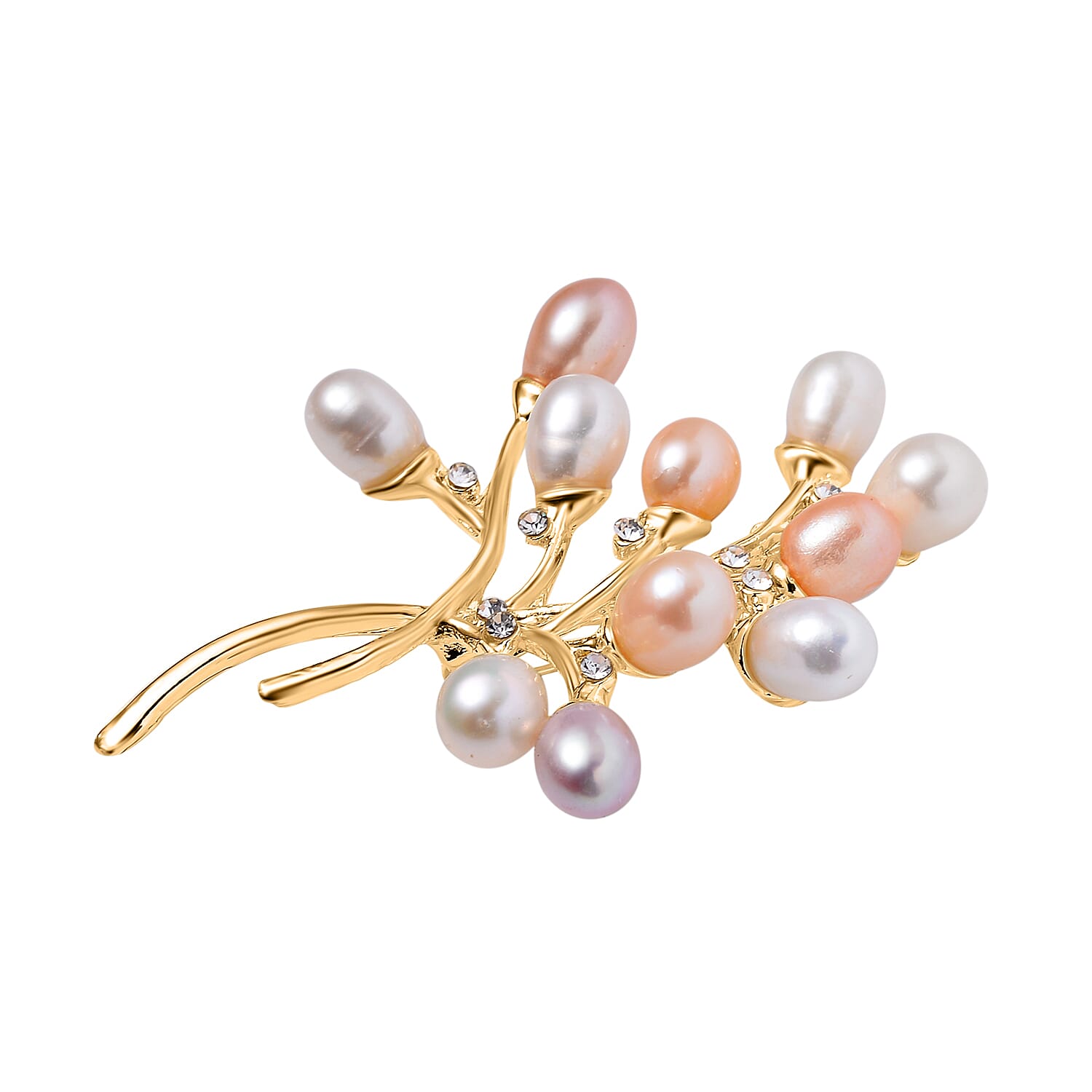 White Austrian Crystal & Multi Colour Fresh Water Pearl Brooch in Yellow Gold Tone