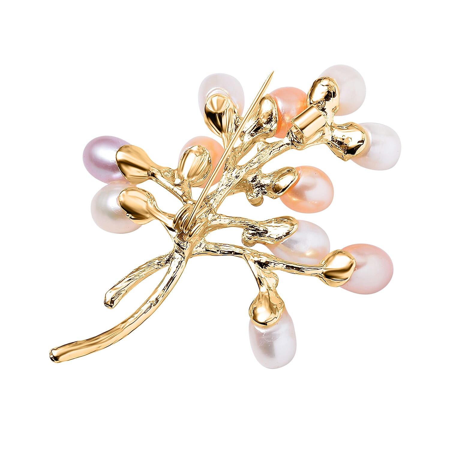 White Austrian Crystal & Multi Colour Fresh Water Pearl Brooch in Yellow Gold Tone