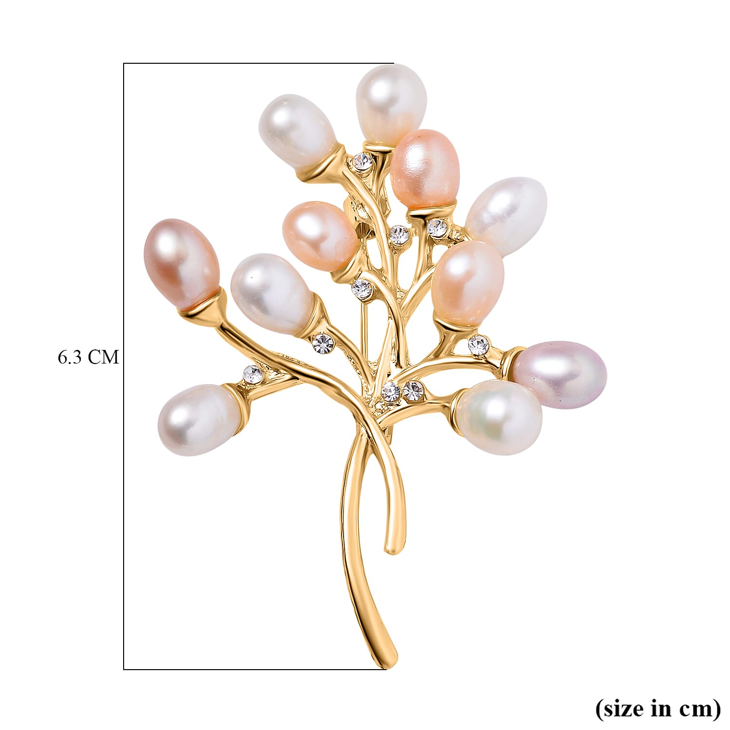 White Austrian Crystal & Multi Colour Fresh Water Pearl Brooch in Yellow Gold Tone