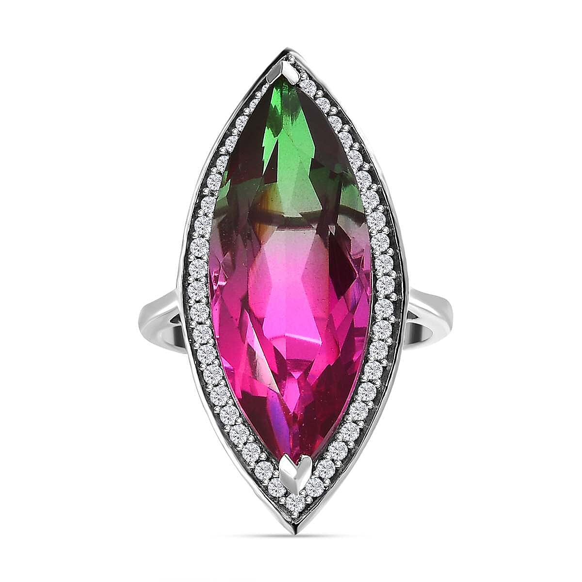 Watermelon Colour Tourmaline Quartz and Natural Zircon Ring in Platinum Overlay Sterling Silver 13.40 Ct