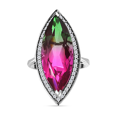 Watermelon Colour Tourmaline Quartz and Natural Zircon Ring in Platinum Overlay Sterling Silver 13.40 Ct