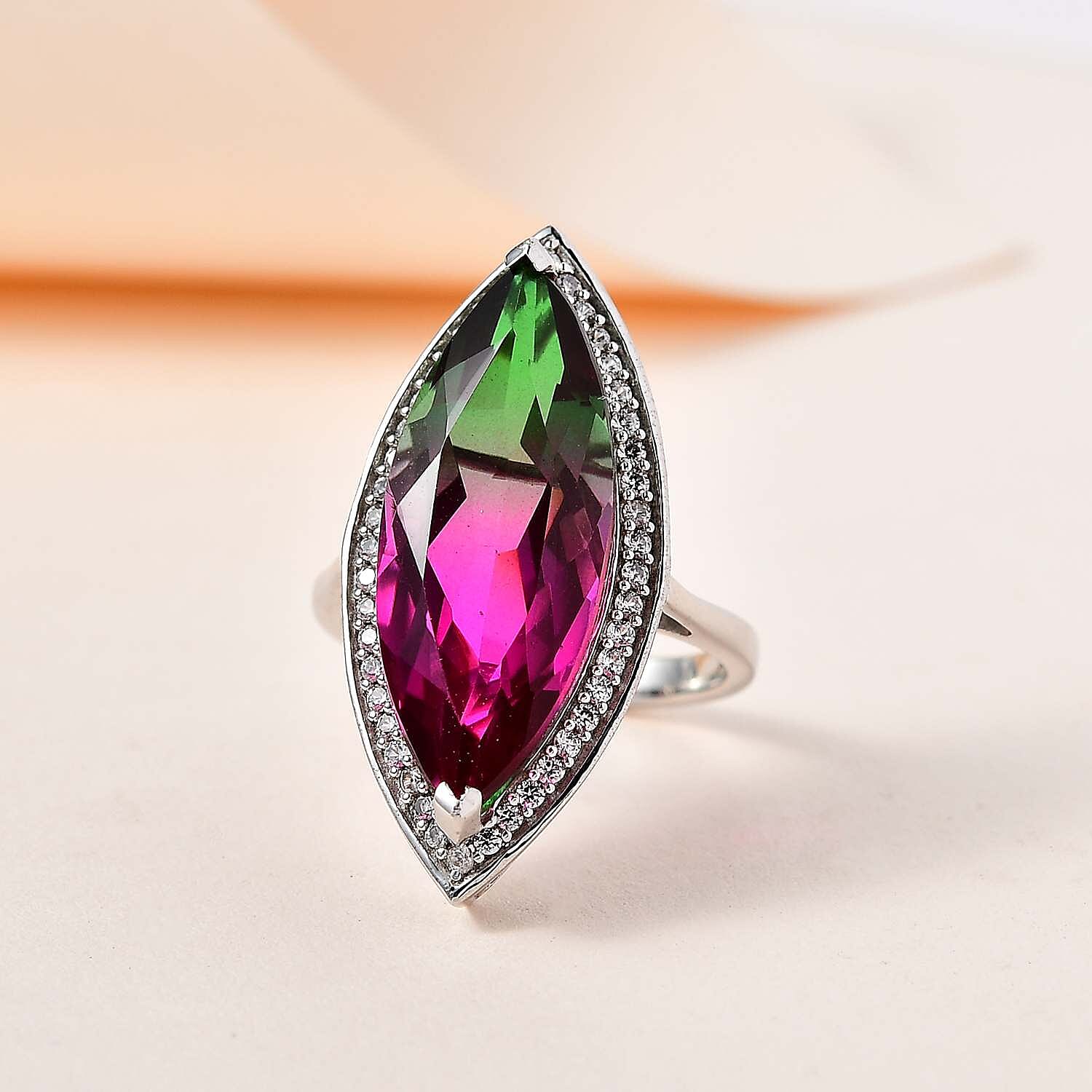 Watermelon Colour Tourmaline Quartz and Natural Zircon Ring in Platinum Overlay Sterling Silver 13.40 Ct