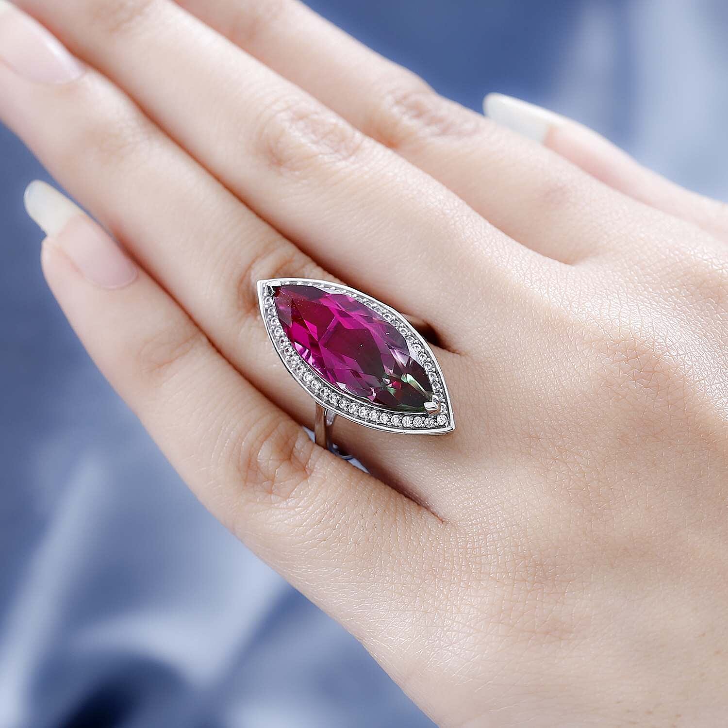 Watermelon Colour Tourmaline Quartz and Natural Zircon Ring in Platinum Overlay Sterling Silver 13.40 Ct