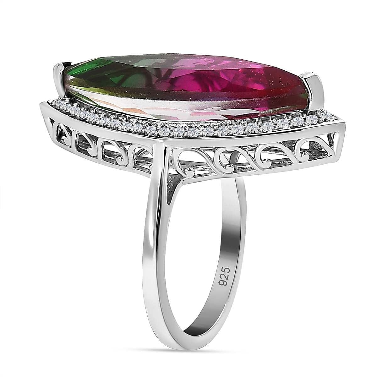 Watermelon Colour Tourmaline Quartz and Natural Zircon Ring in Platinum Overlay Sterling Silver 13.40 Ct