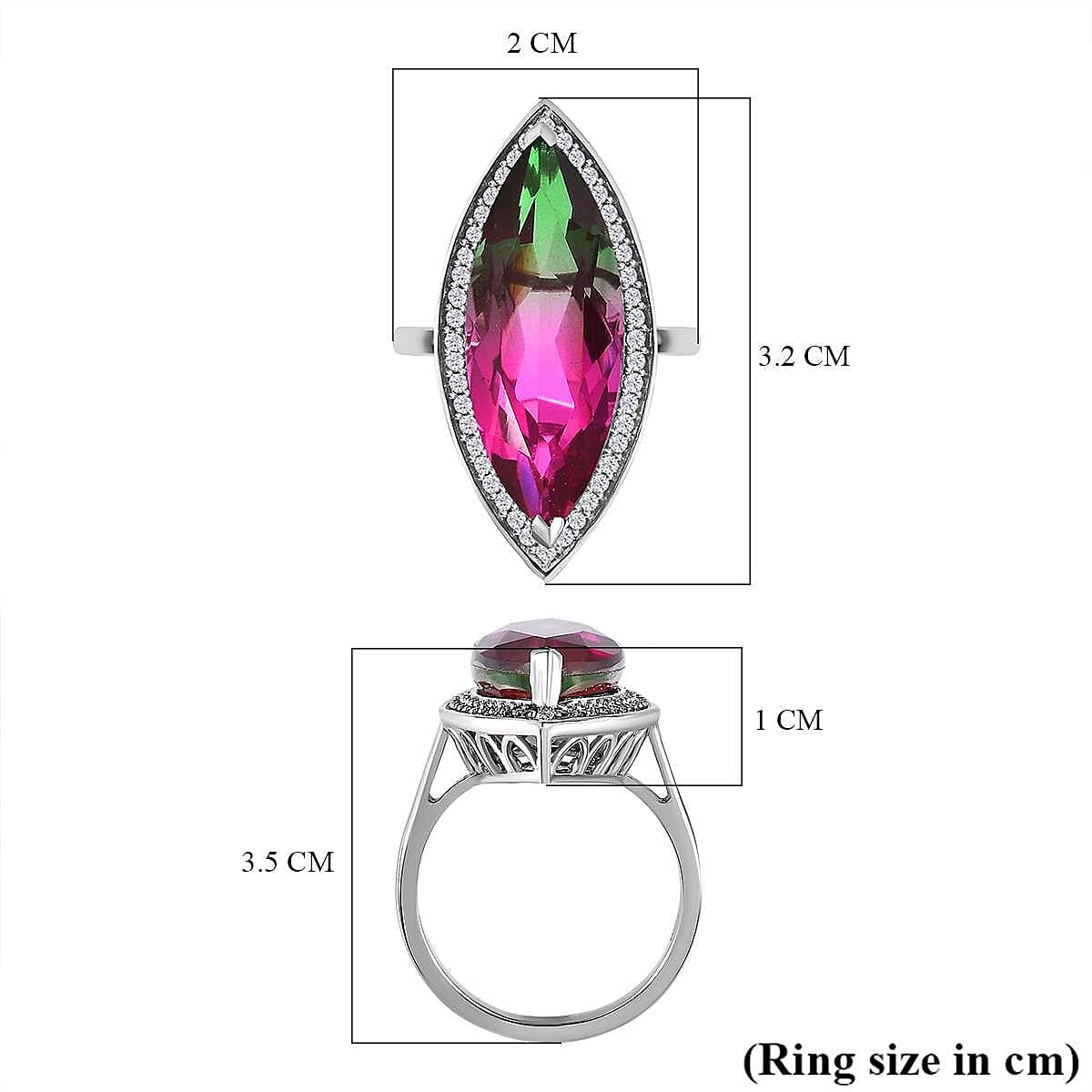 Watermelon Colour Tourmaline Quartz and Natural Zircon Ring in Platinum Overlay Sterling Silver 13.40 Ct