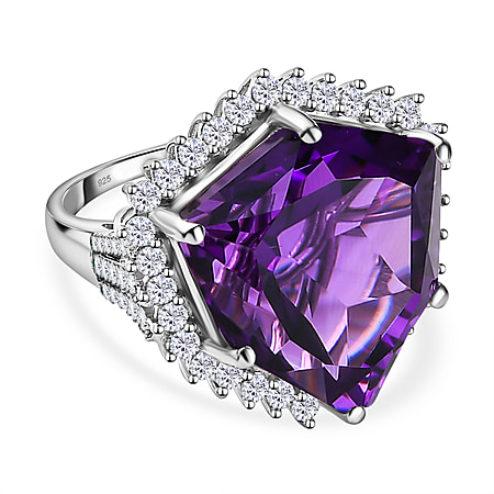 Canela Amethyst & Natural Zircon Ring in Platinum Overlay Sterling Silver 20.00 Ct