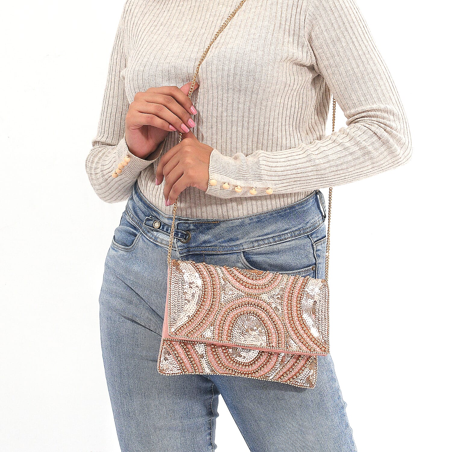 Hand embroidered Beaded Pattern Crossbody Clutch Bag with Shoulder Strap (Size 25x16 Cm) - Light Pink