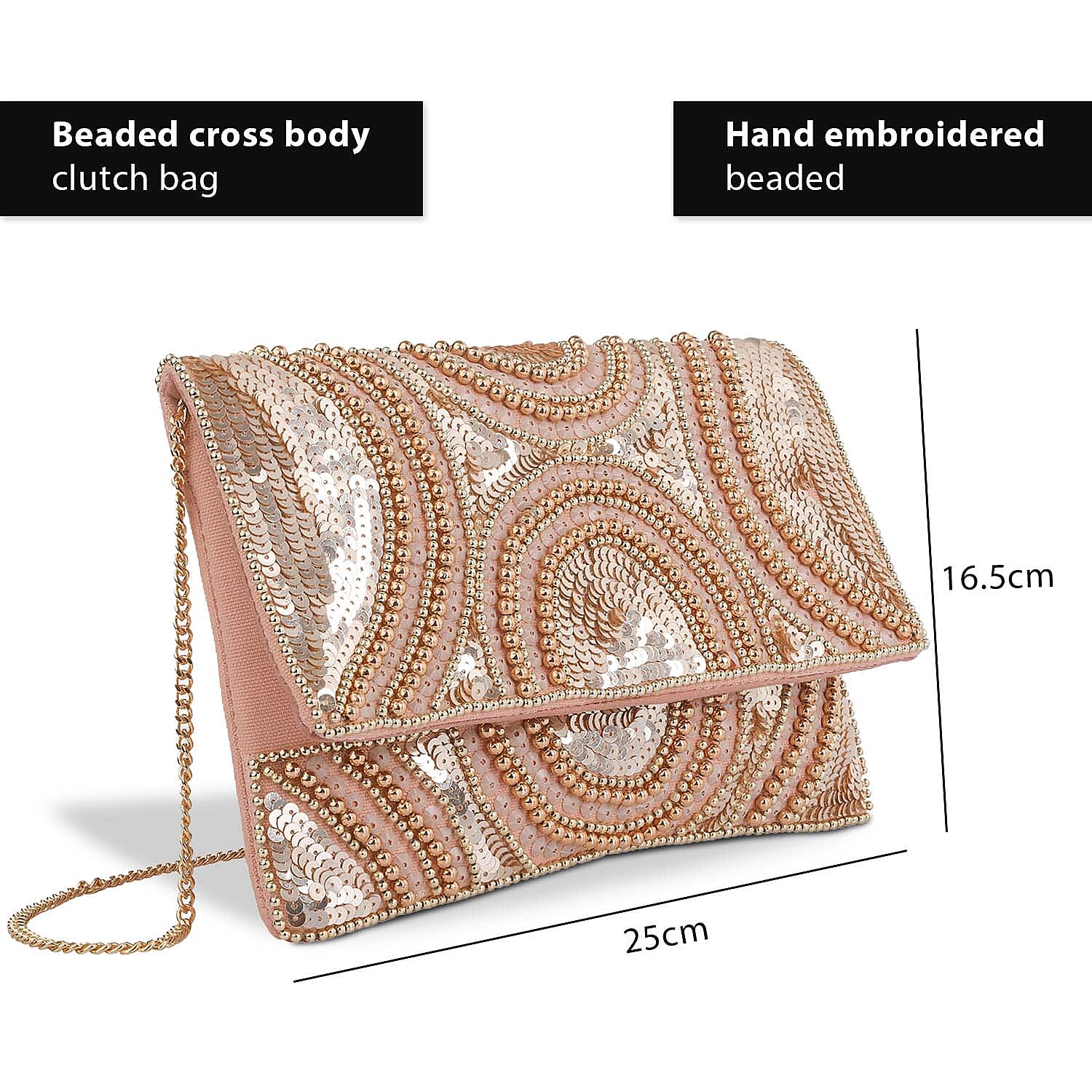Hand embroidered Beaded Pattern Crossbody Clutch Bag with Shoulder Strap (Size 25x16 Cm) - Light Pink