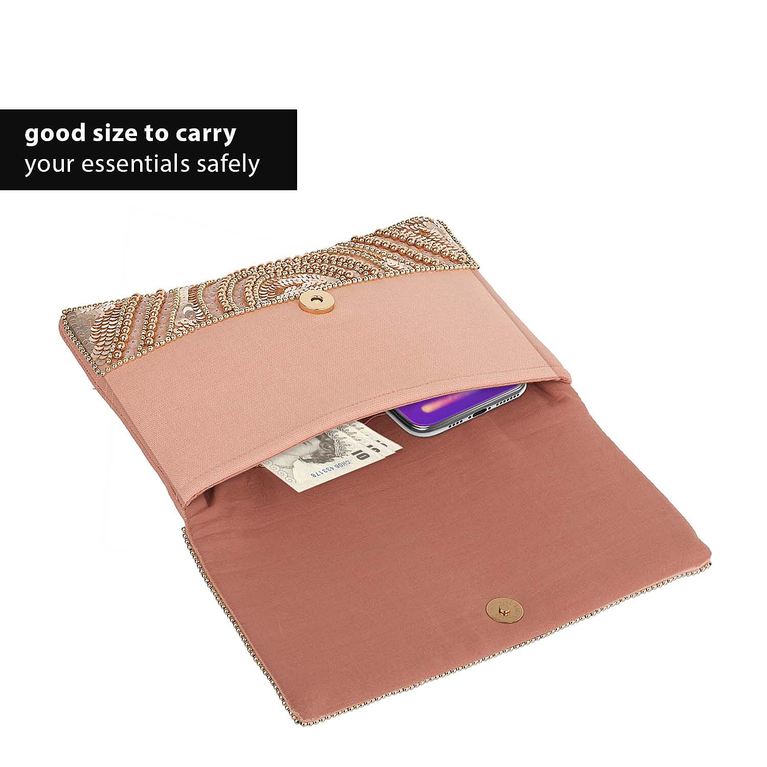 Hand embroidered Beaded Pattern Crossbody Clutch Bag with Shoulder Strap (Size 25x16 Cm) - Light Pink