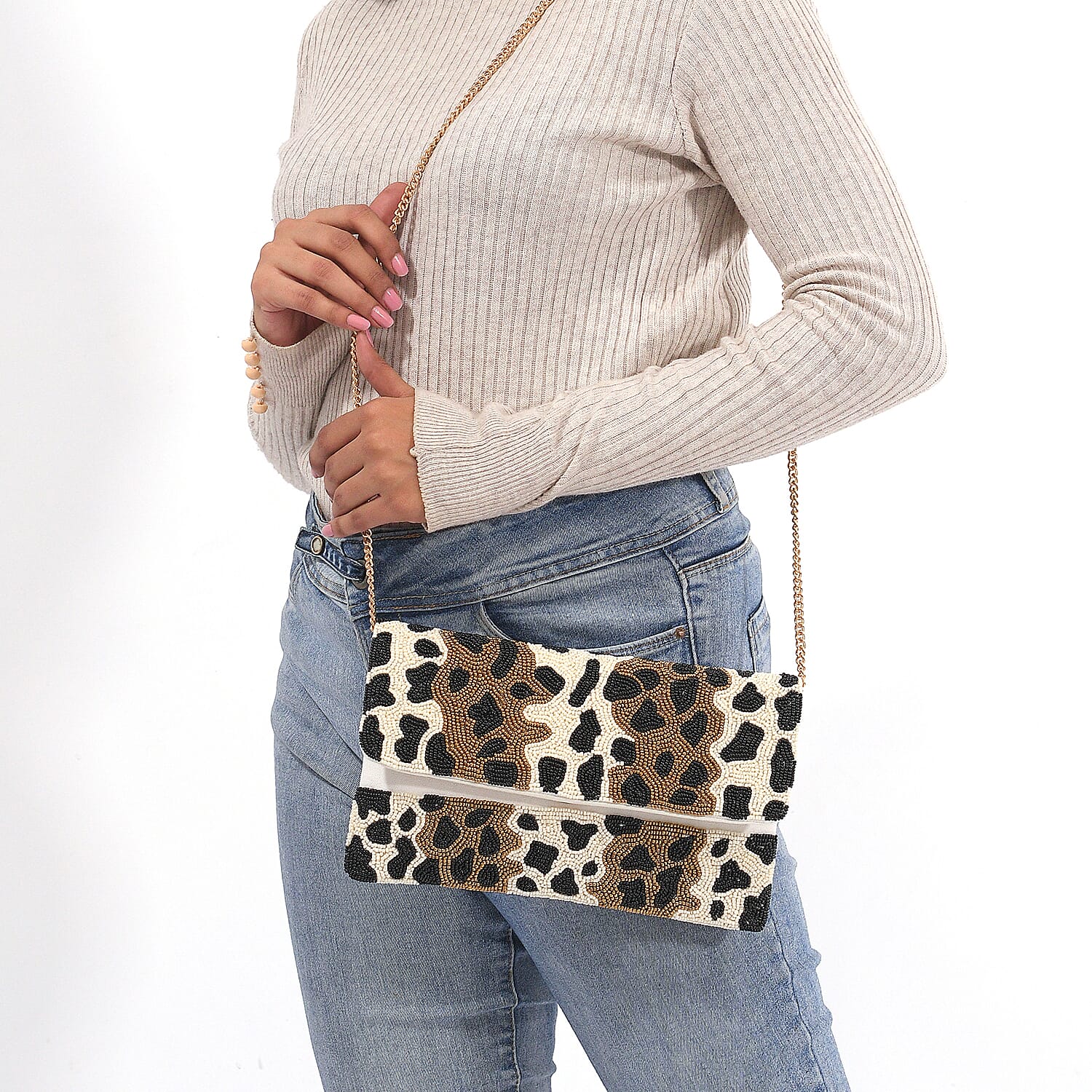 Hand embroidered Beaded Pattern Crossbody Clutch Bag with Shoulder Strap (Size 25x16 Cm) - Light Pink