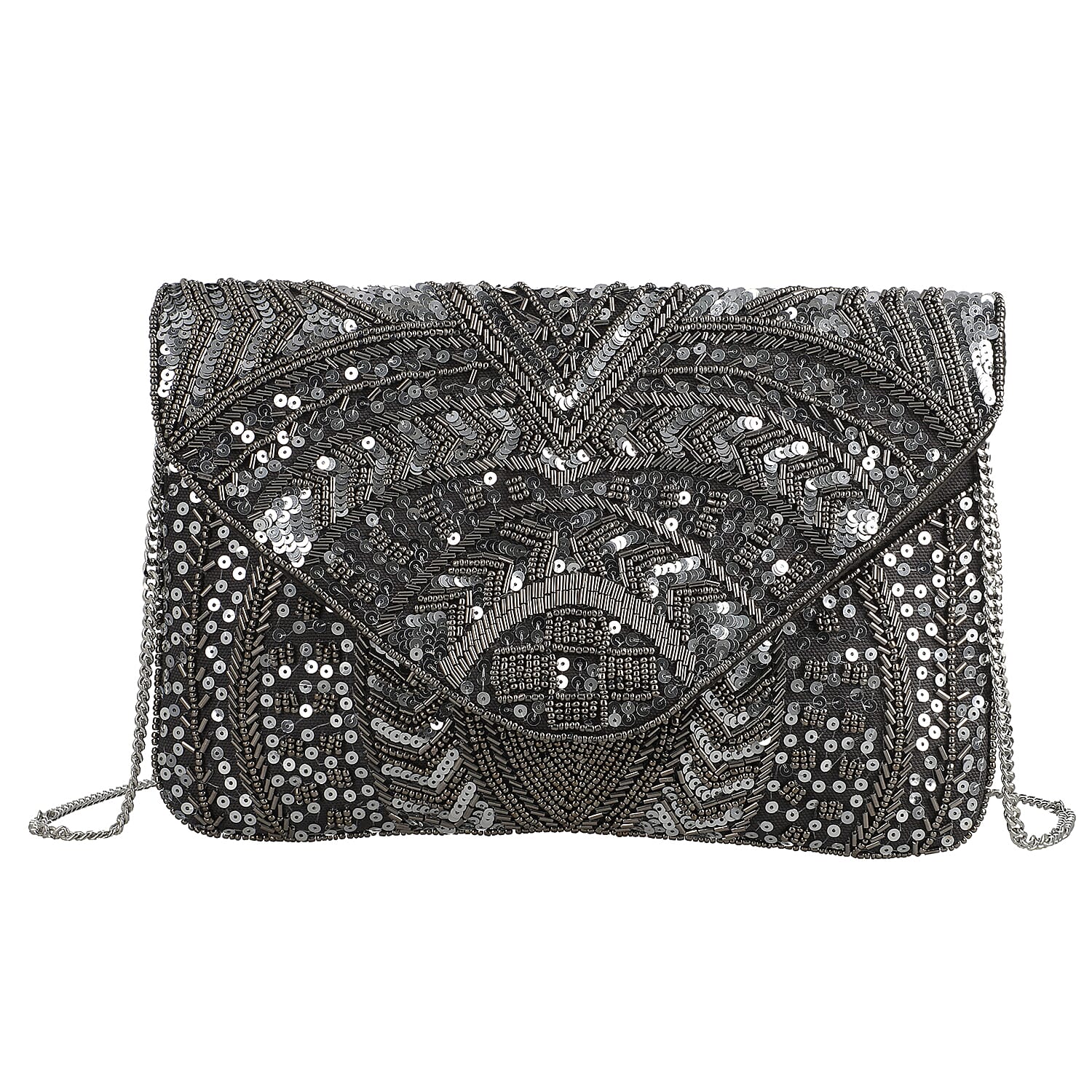 Hand embroidered Beaded Pattern Crossbody Clutch Bag with Shoulder Strap (Size 25x16 Cm) - Grey