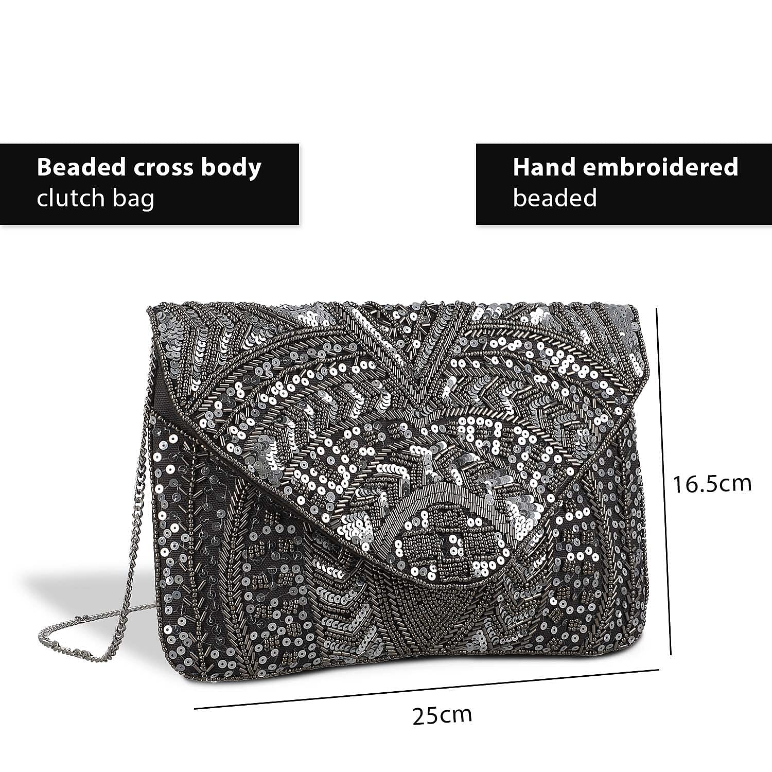 Hand embroidered Beaded Pattern Crossbody Clutch Bag with Shoulder Strap (Size 25x16 Cm) - Grey