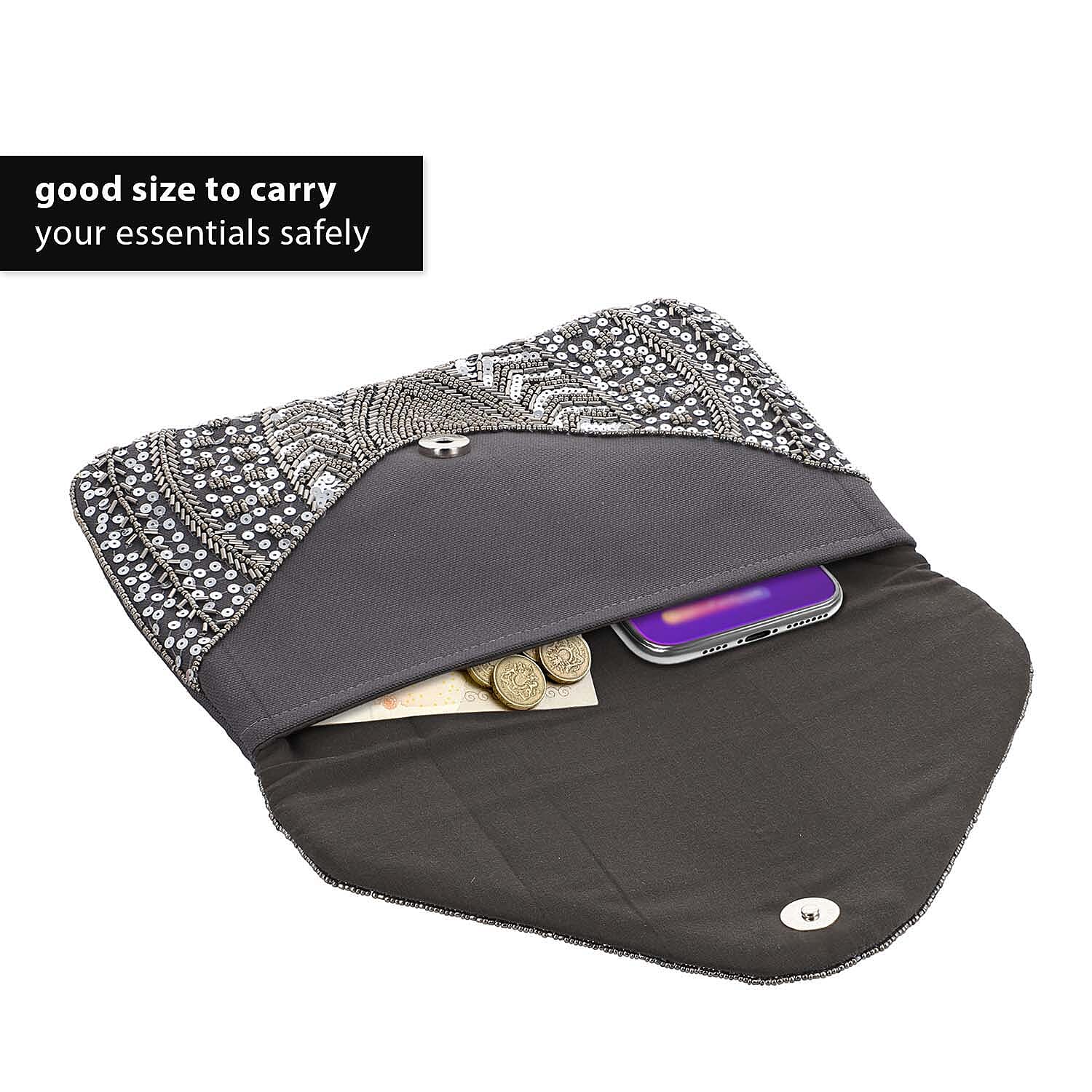 Hand embroidered Beaded Pattern Crossbody Clutch Bag with Shoulder Strap (Size 25x16 Cm) - Grey