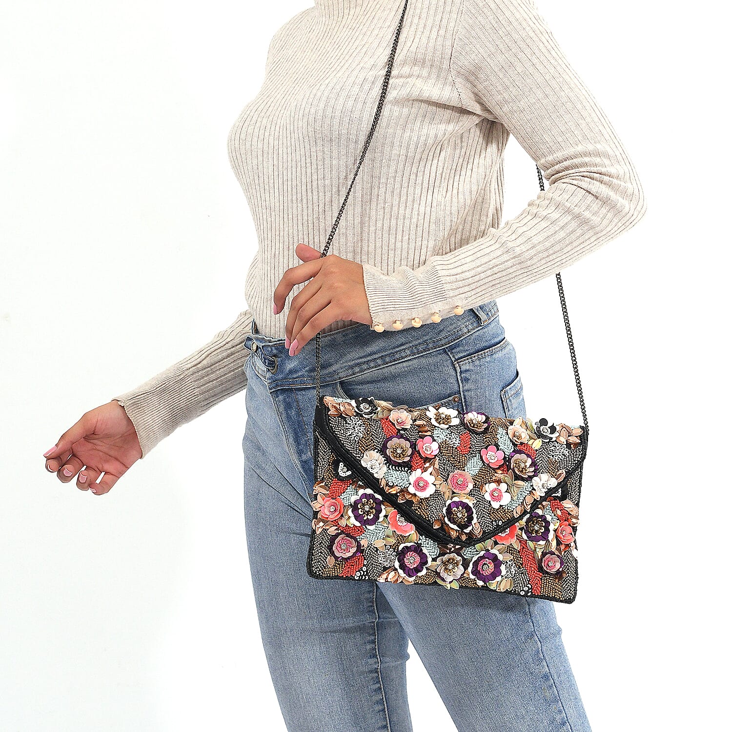 Hand embroidered Beaded Pattern Crossbody Clutch Bag with Shoulder Strap (Size 25x16 Cm) - Multi