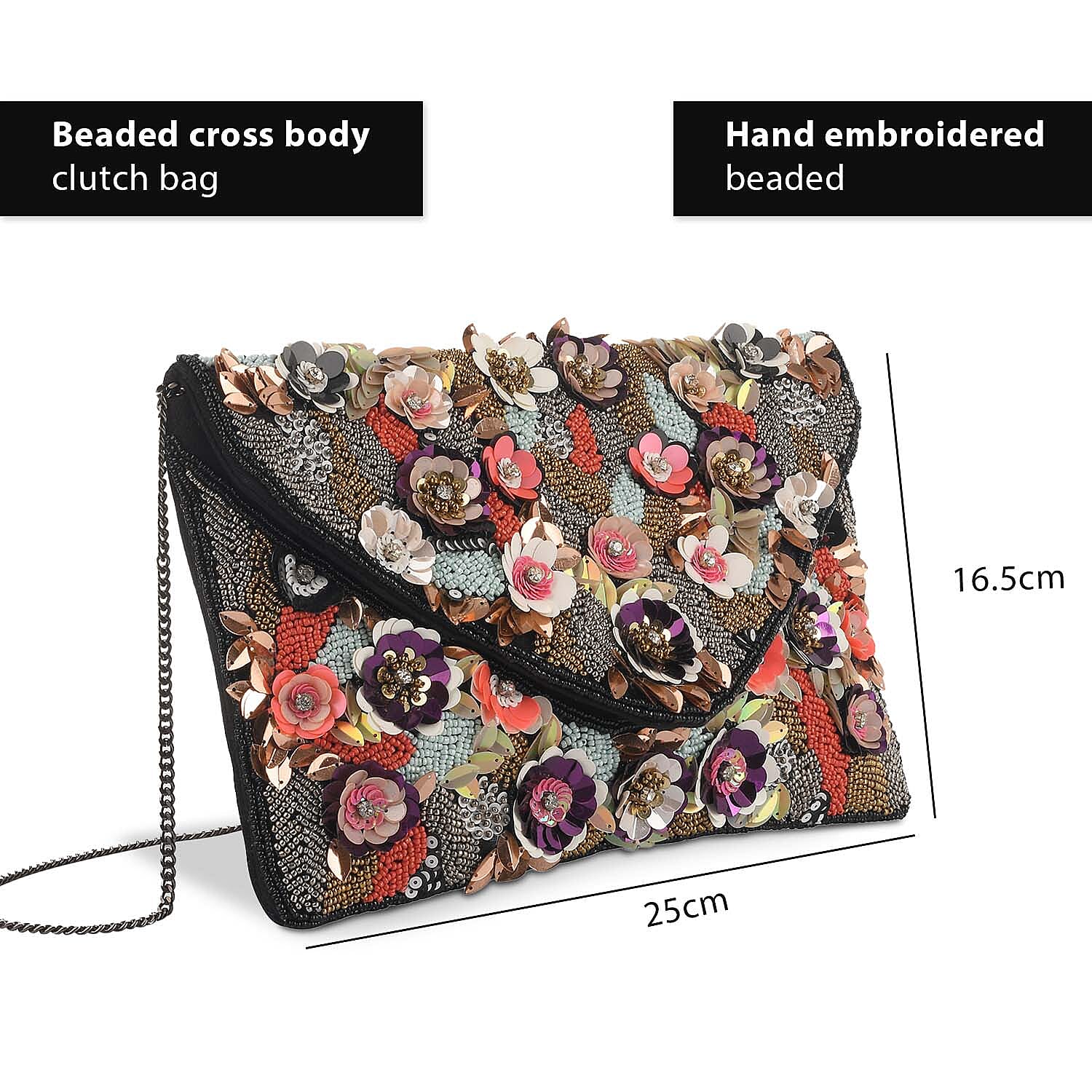 Hand embroidered Beaded Pattern Crossbody Clutch Bag with Shoulder Strap (Size 25x16 Cm) - Multi
