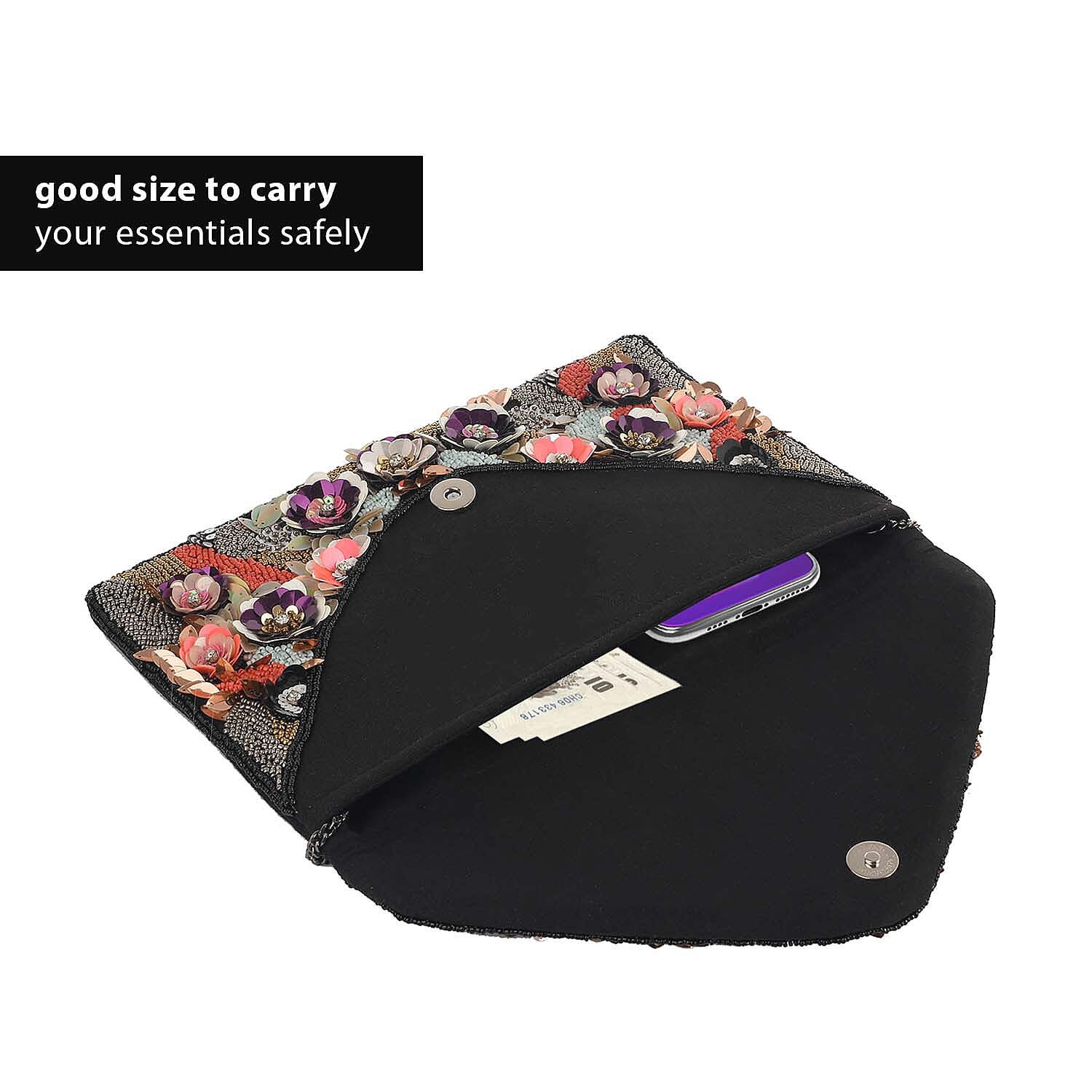 Hand embroidered Beaded Pattern Crossbody Clutch Bag with Shoulder Strap (Size 25x16 Cm) - Multi