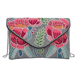 Hand embroidered Beaded Pattern Crossbody Clutch Bag with Shoulder Strap (Size 25x16 Cm) - Pink & Grey