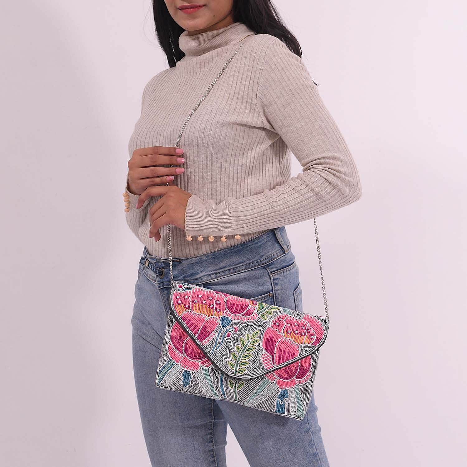 Hand embroidered Beaded Pattern Crossbody Clutch Bag with Shoulder Strap (Size 25x16 Cm) - Pink & Grey