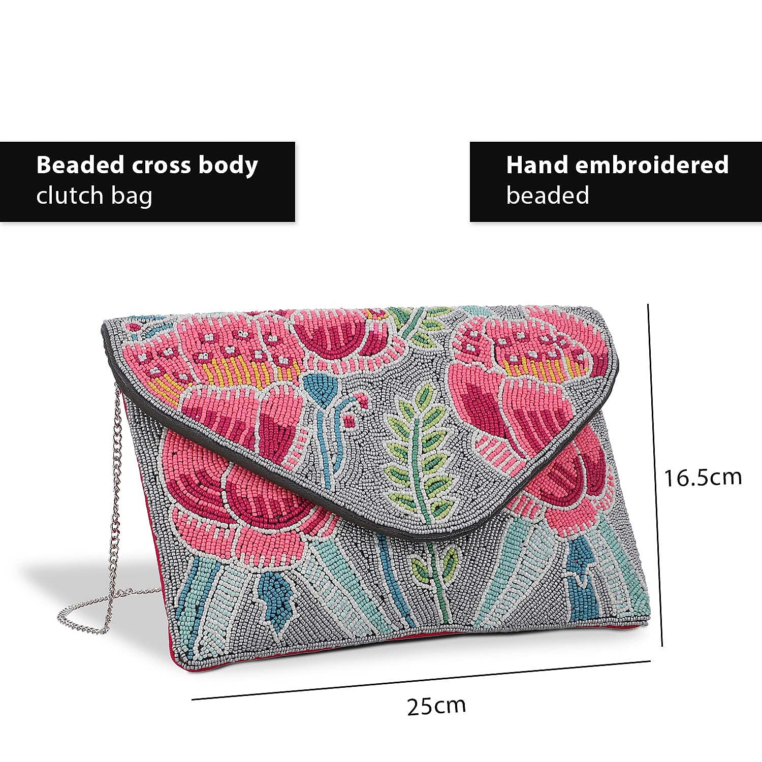 Hand embroidered Beaded Pattern Crossbody Clutch Bag with Shoulder Strap (Size 25x16 Cm) - Pink & Grey