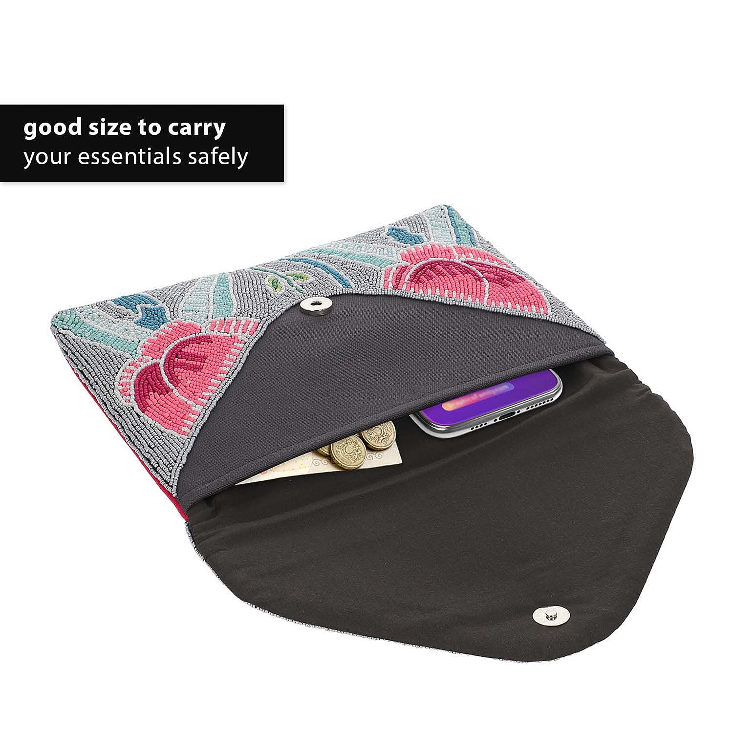 Hand embroidered Beaded Pattern Crossbody Clutch Bag with Shoulder Strap (Size 25x16 Cm) - Pink & Grey