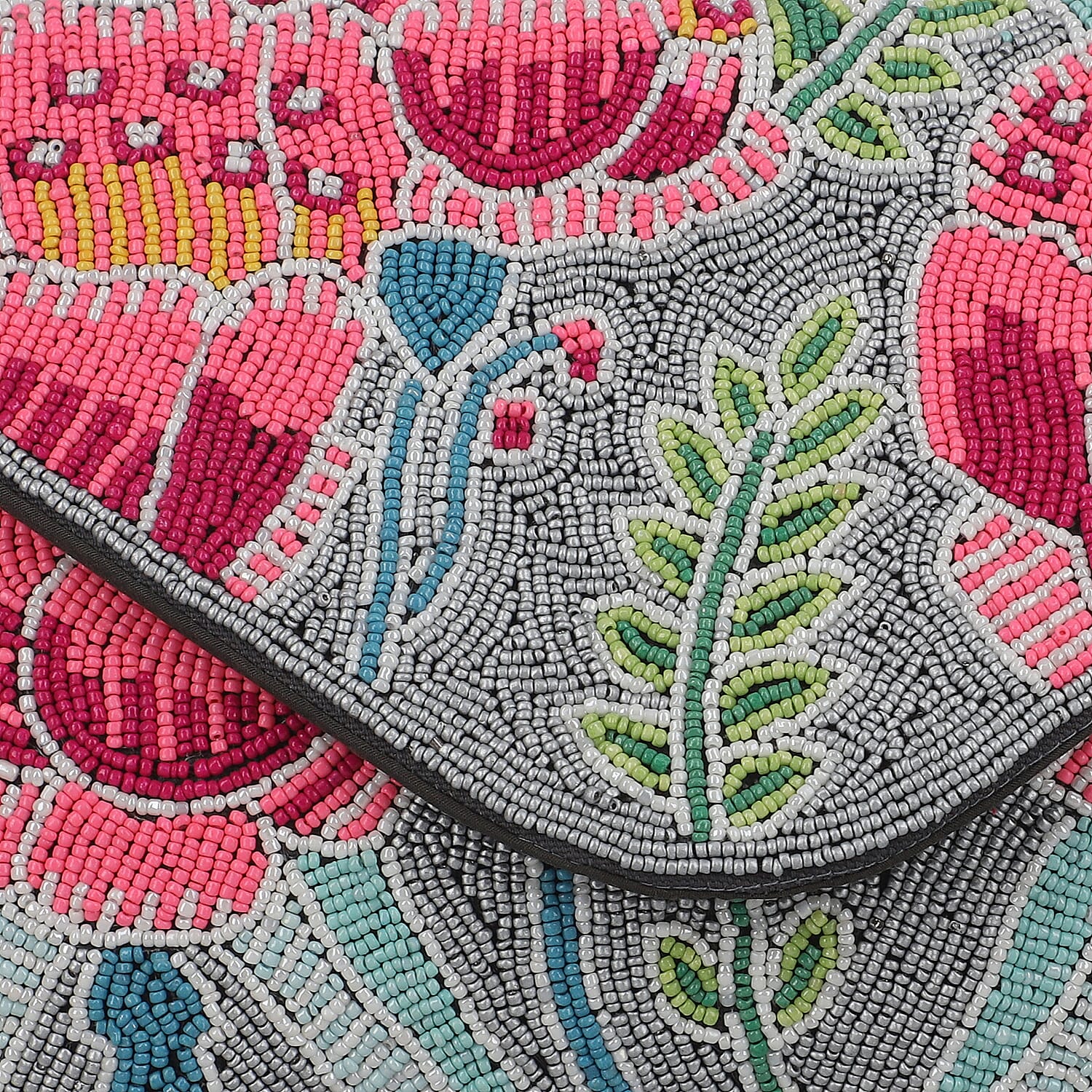 Hand embroidered Beaded Pattern Crossbody Clutch Bag with Shoulder Strap (Size 25x16 Cm) - Pink & Grey