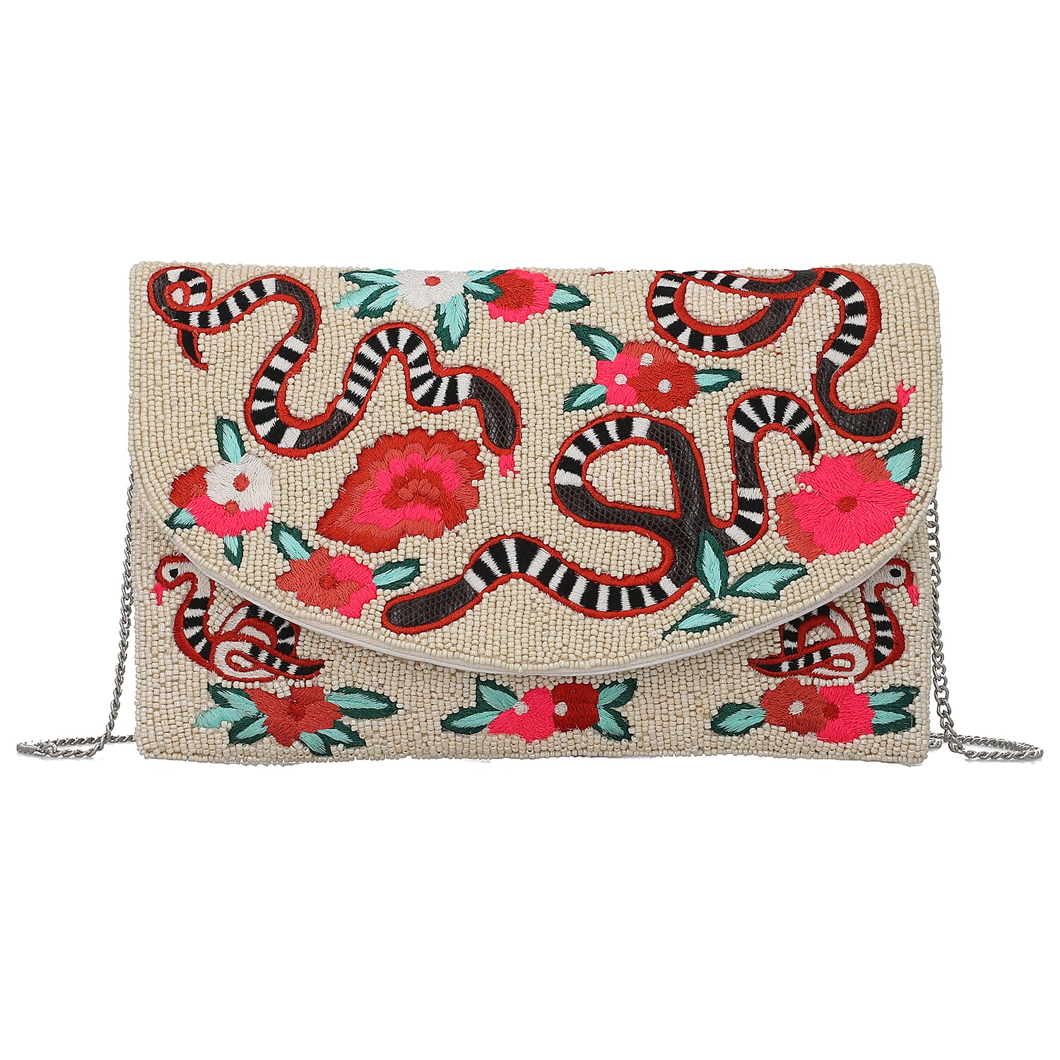 Hand embroidered Beaded Pattern Crossbody Clutch Bag with Shoulder Strap (Size 25x16 Cm) - Off White