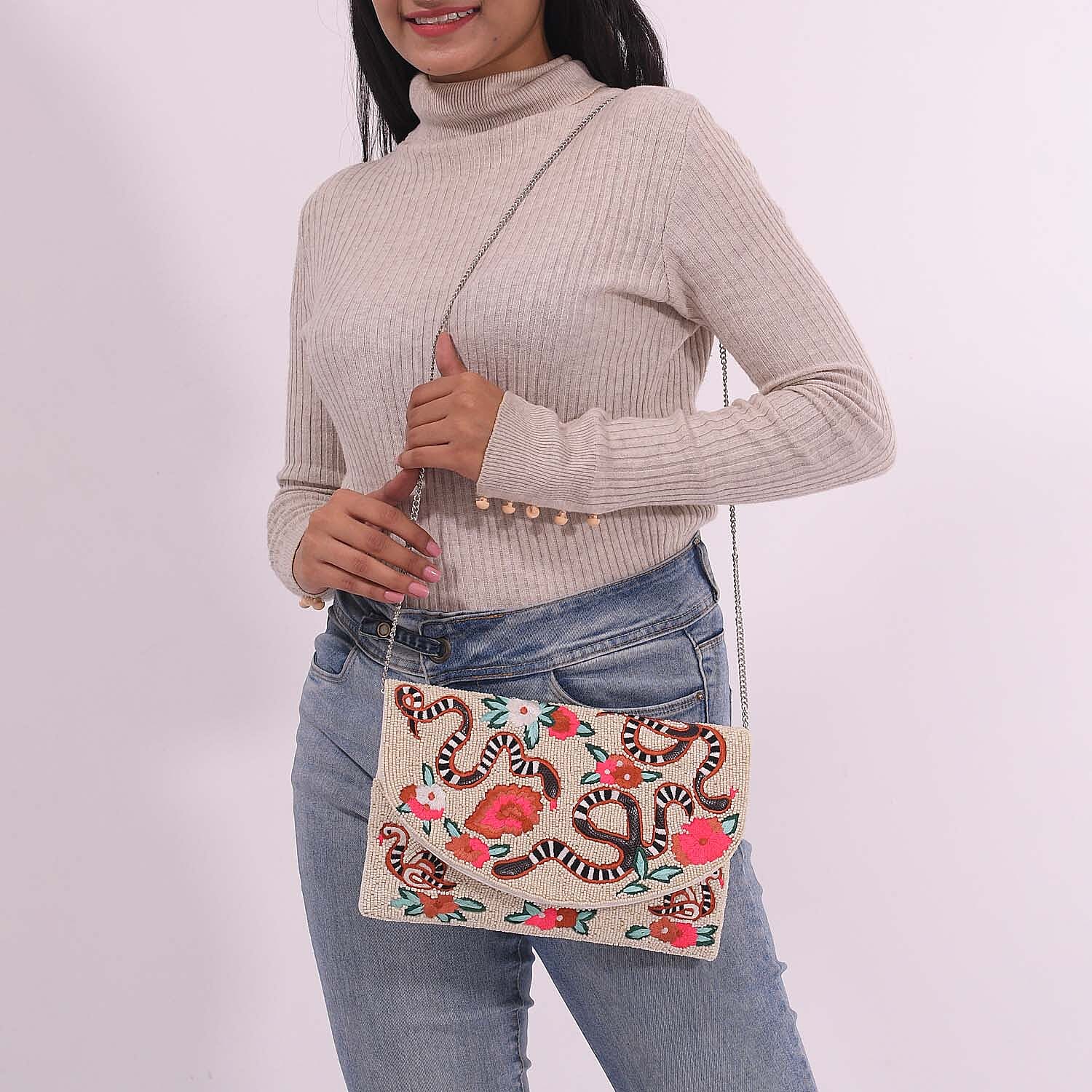 Hand embroidered Beaded Pattern Crossbody Clutch Bag with Shoulder Strap (Size 25x16 Cm) - Off White