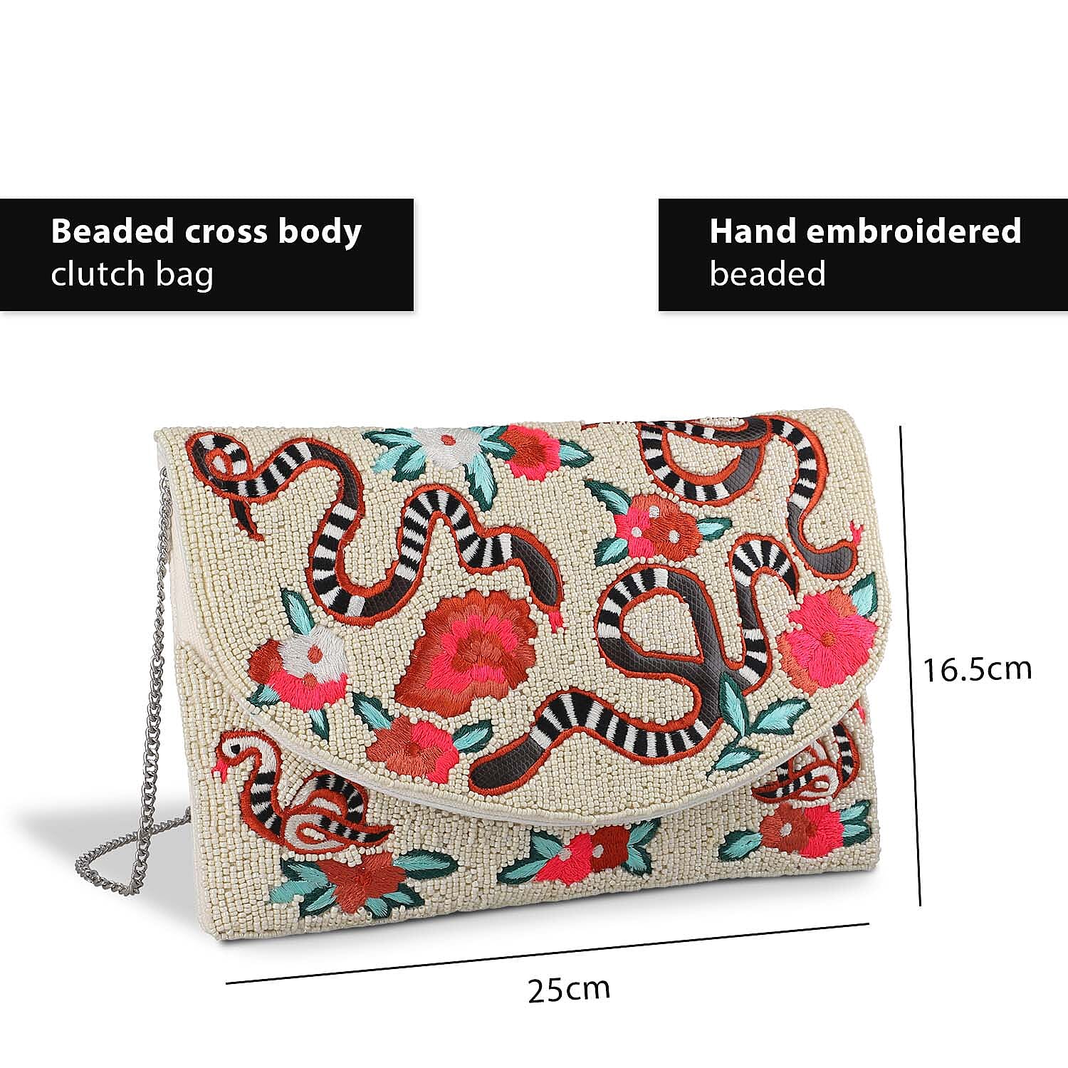 Hand embroidered Beaded Pattern Crossbody Clutch Bag with Shoulder Strap (Size 25x16 Cm) - Off White