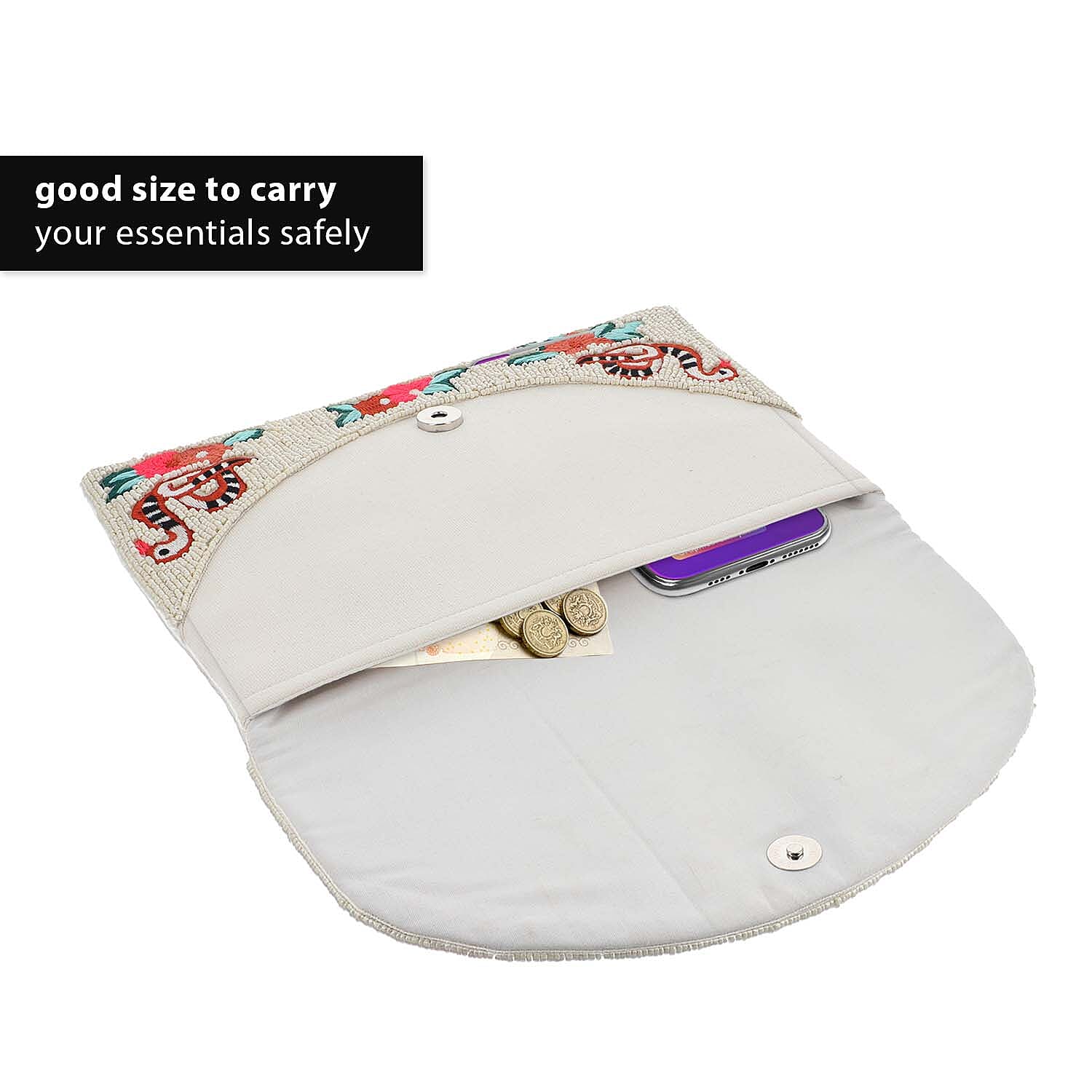 Hand embroidered Beaded Pattern Crossbody Clutch Bag with Shoulder Strap (Size 25x16 Cm) - Off White