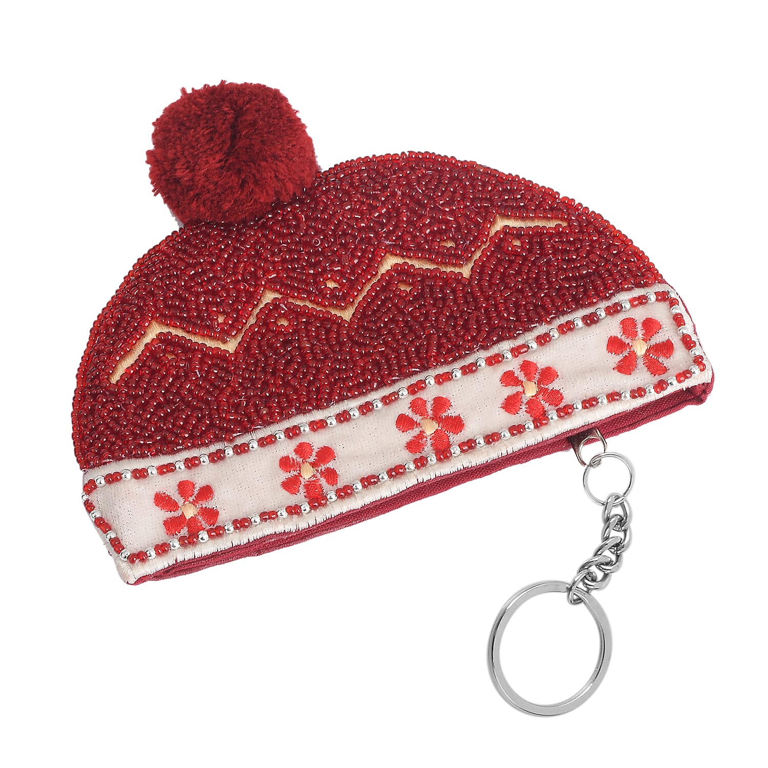 Woollen Hat Beaded Coin Pouch with Keychain (Size 12x17 Cm) - Burgundy & White