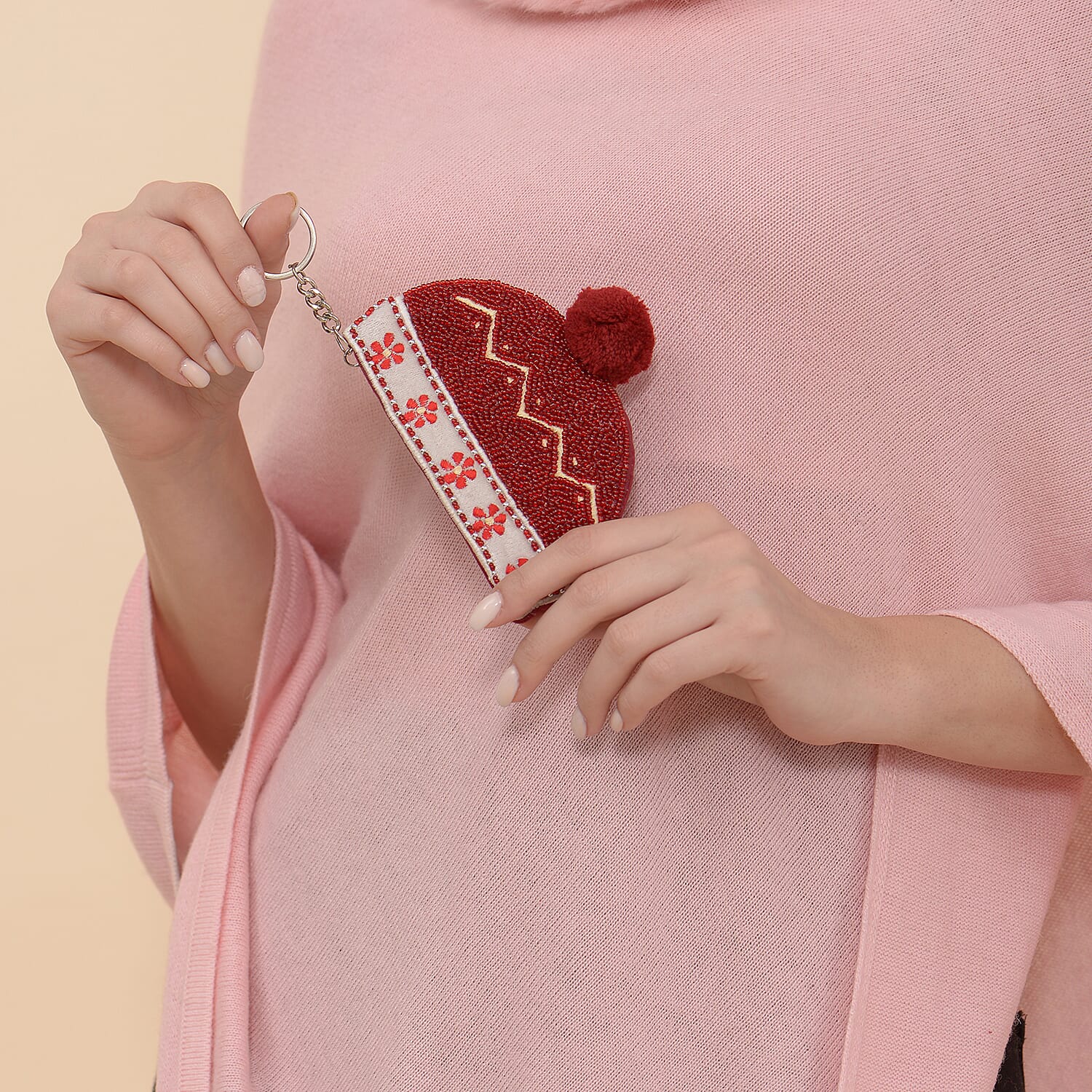 Woollen Hat Beaded Coin Pouch with Keychain (Size 12x17 Cm) - Burgundy & White