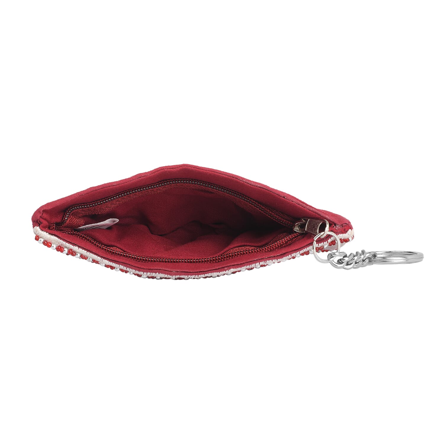 Woollen Hat Beaded Coin Pouch with Keychain (Size 12x17 Cm) - Burgundy & White